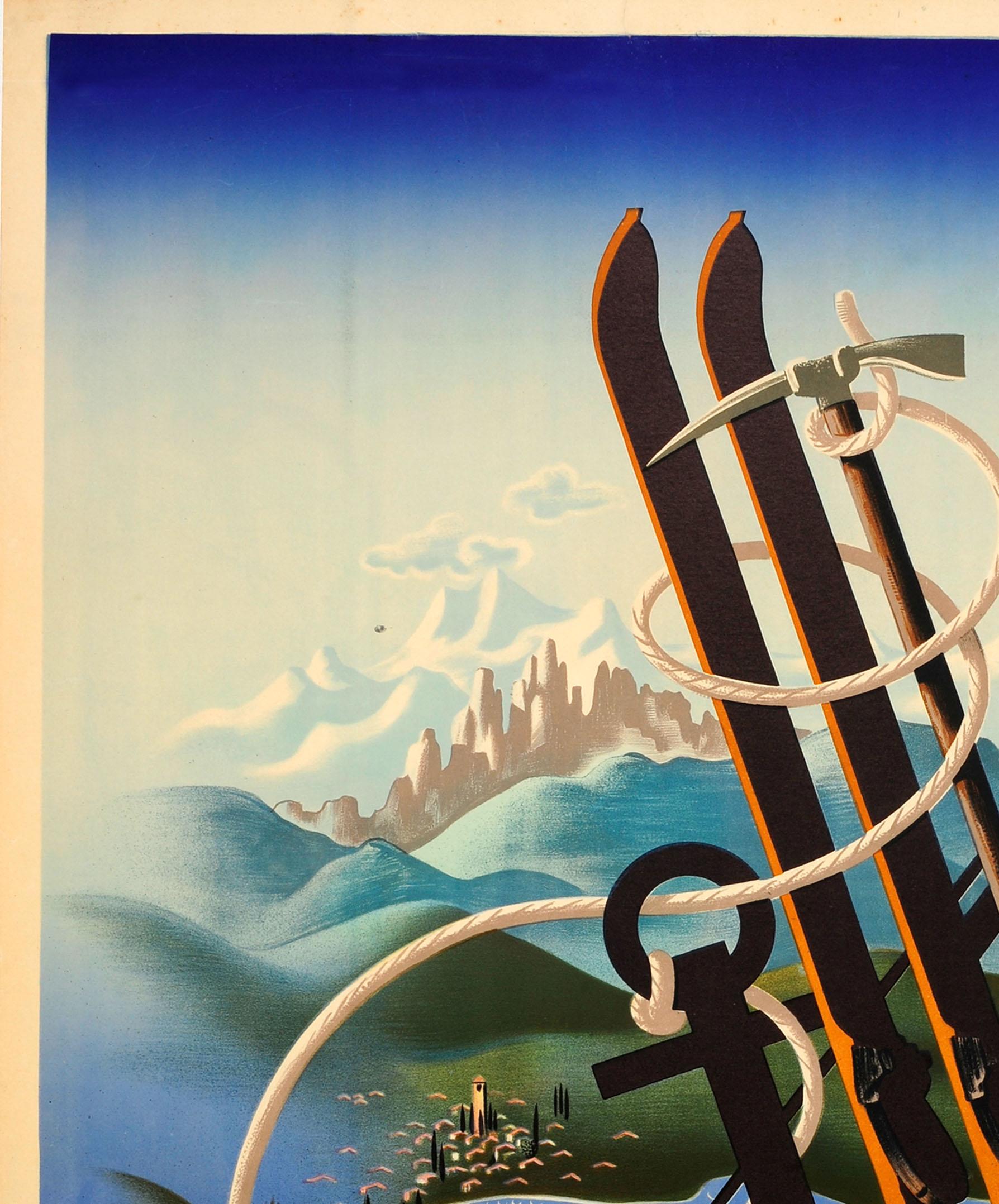 Poster di viaggio originale d'epoca pubblicato dall'ENIT che promuove l'Italia come Terra ideale per tutti gli sport con uno splendido disegno in stile Art Déco del noto cartellonista A. M. Cassandre (Adolphe Jean-Marie Mouron; 1901-1968) che mostra