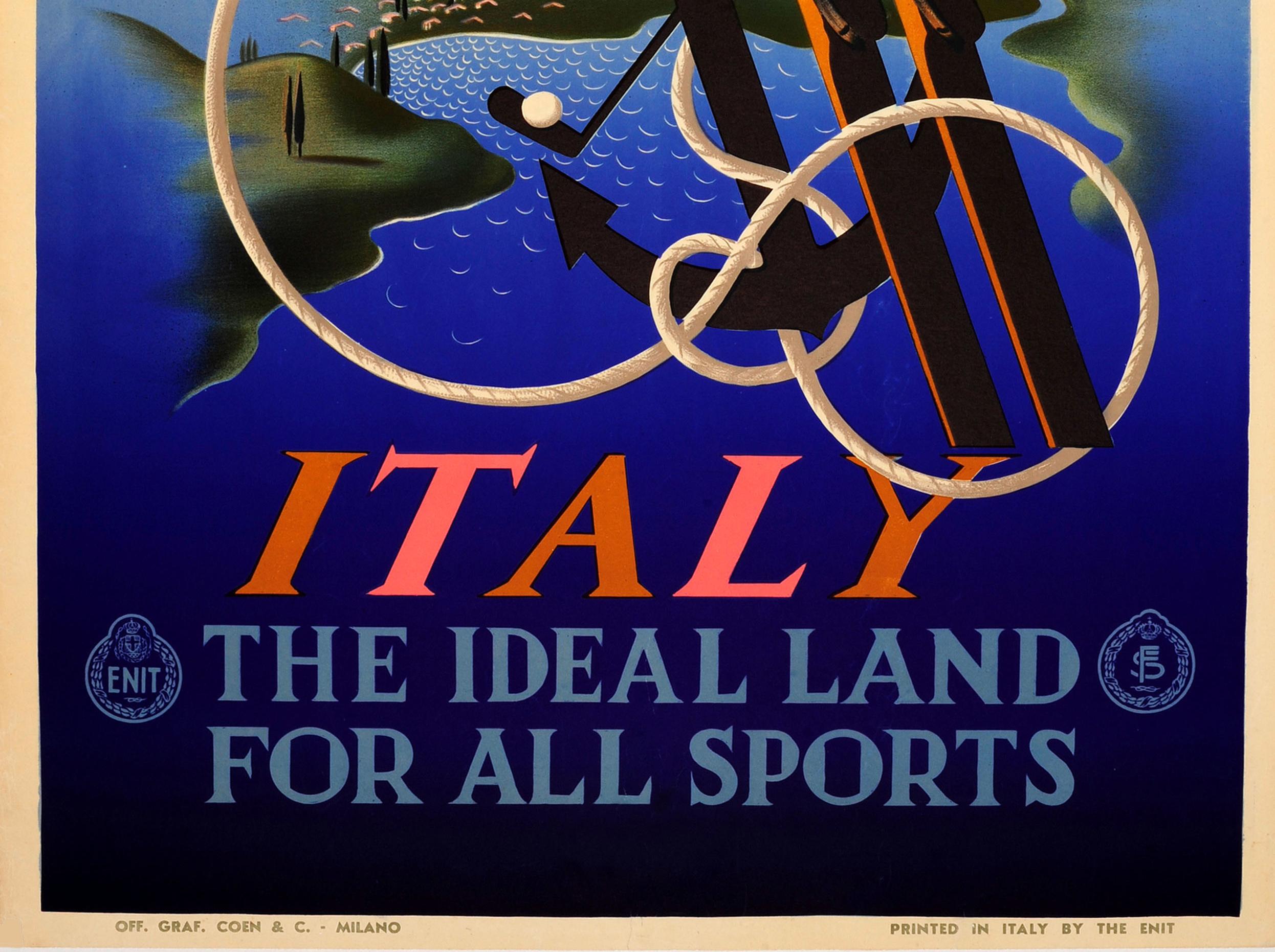 Milieu du XXe siècle Affiche de voyage ENIT originale vintage de Cassandre, « Italy, Ideal Land For All Sports » en vente