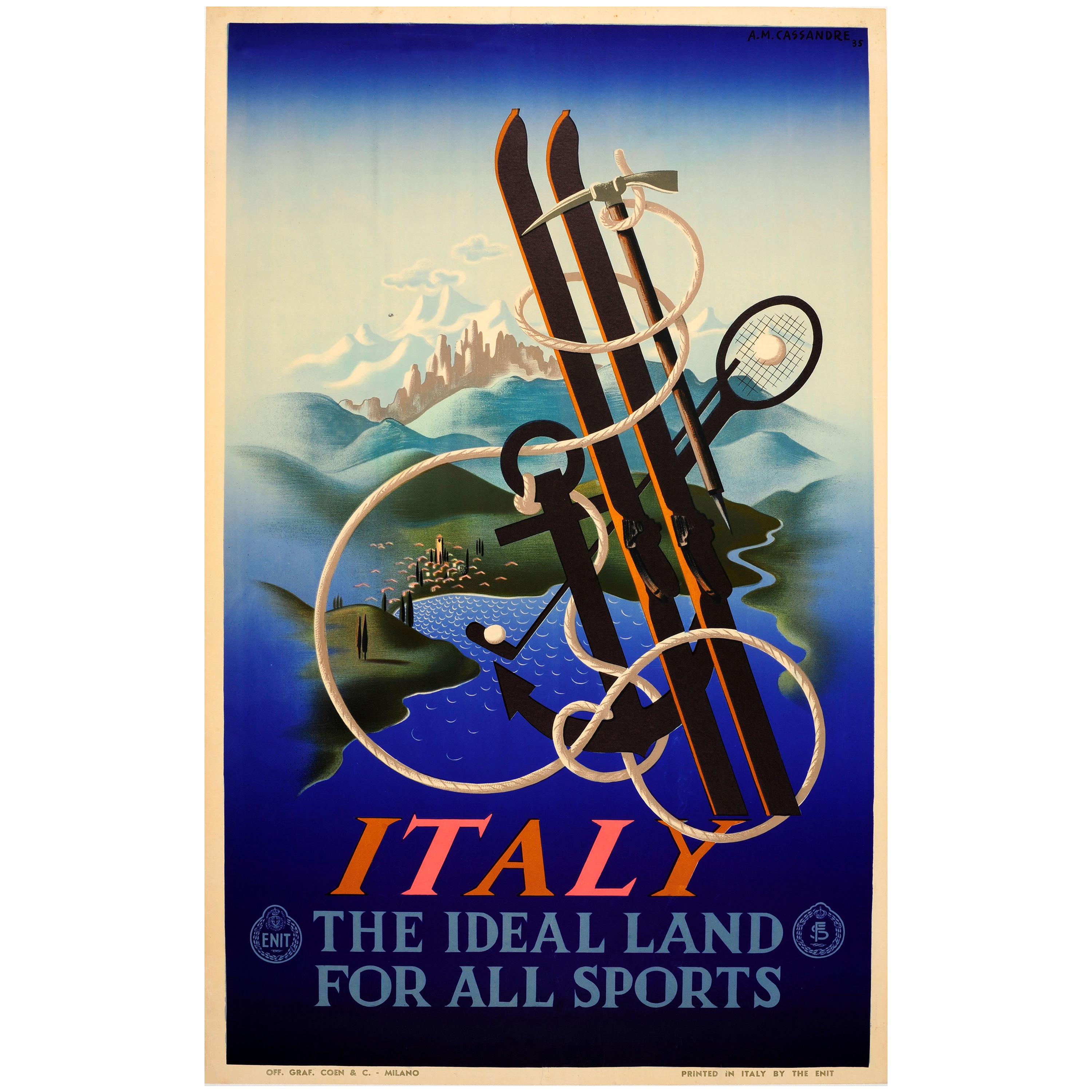 Original Vintage ENIT Travel Poster By Cassandre Italy Ideal Land For All Sports