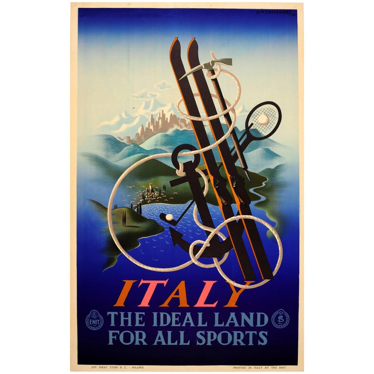 Original Vintage ENIT Travel Poster By Cassandre Italy Ideal Land For All Sports For Sale