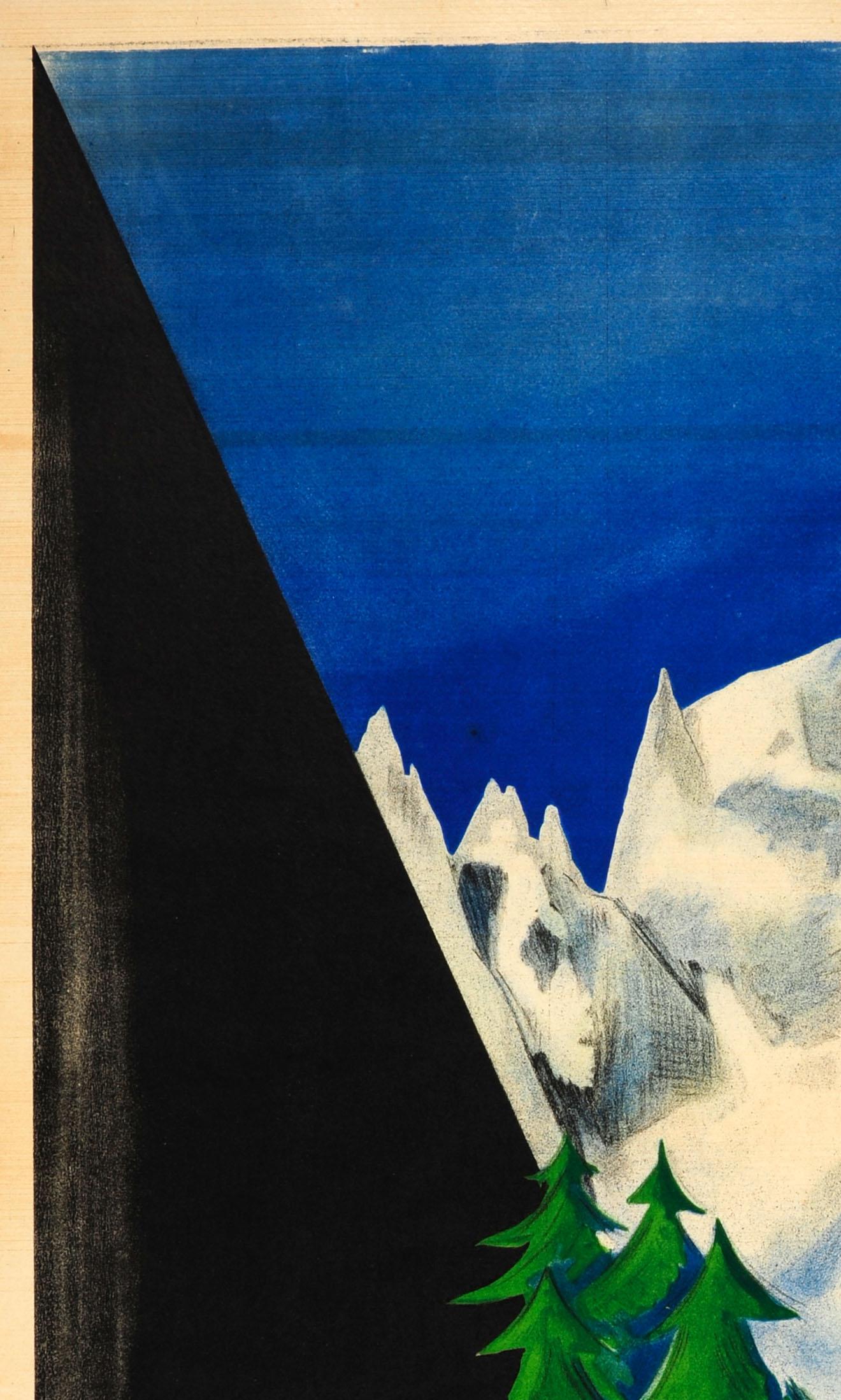 Original vintage travel advertising poster for La Vallee d'Aoste (Italie) / The Aosta Valley (Italy). Great image of the valley with pine trees in the foreground and mountain peaks covered in snow in the background under a deep blue sky. Artwork by