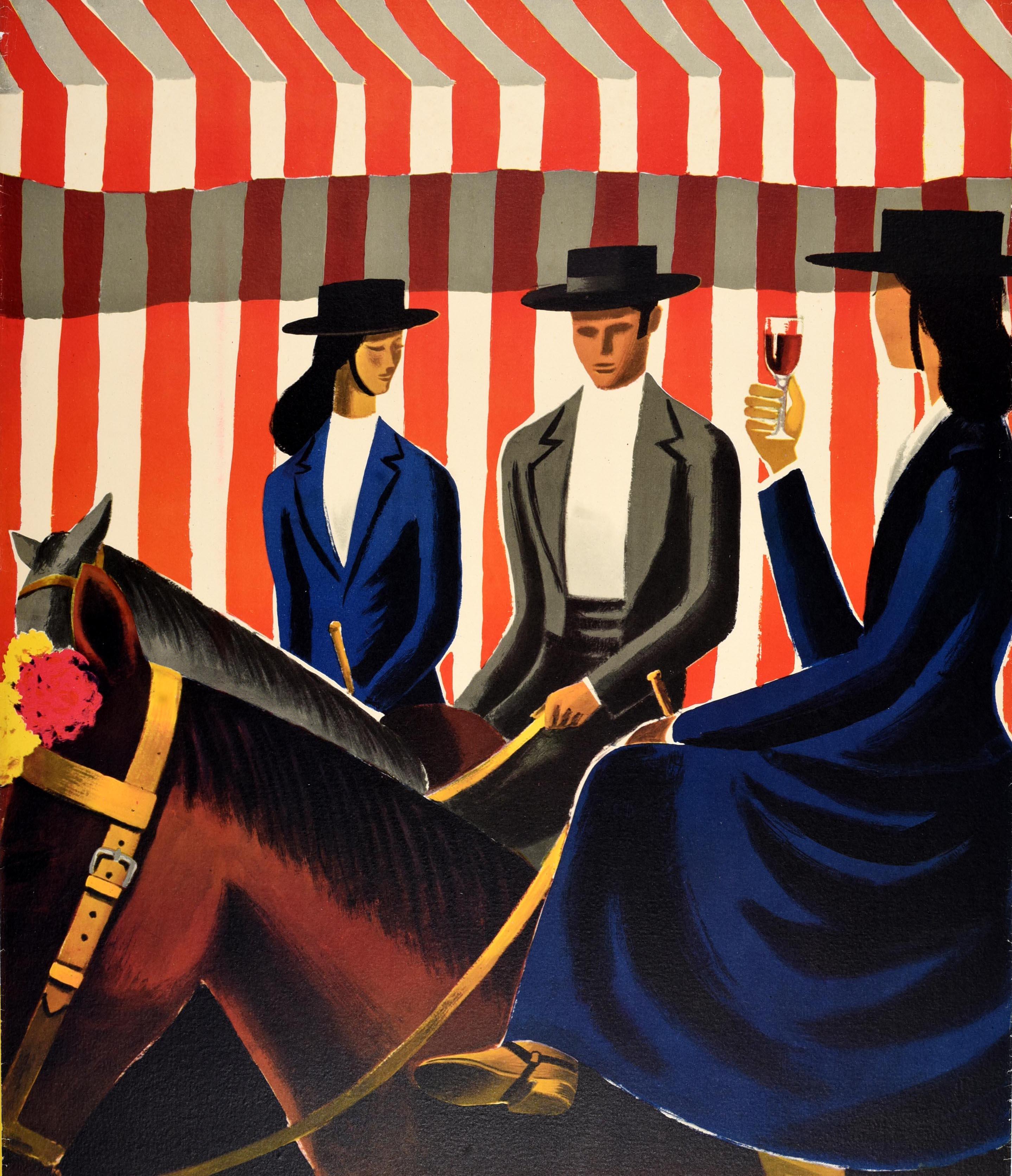 Poster di viaggio originale d'epoca per la Spagna con un colorato disegno di Guy Georget (1911-1992) che raffigura tre cavalieri a cavallo davanti a un tendone a strisce bianche e rosse, la signora in primo piano che tiene un bicchiere di vino rosso
