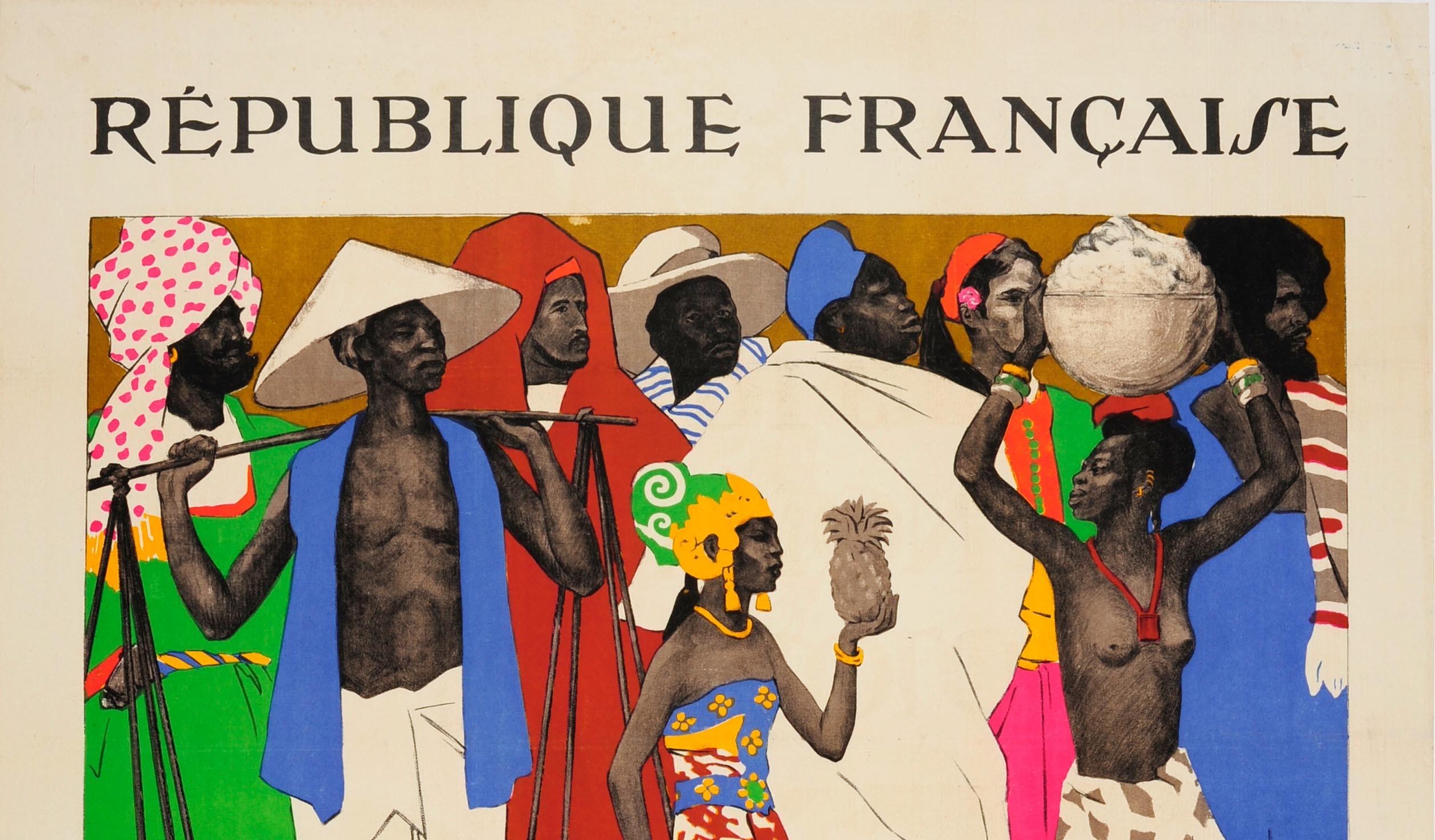 Original vintage advertising poster for the Republique Francaise Exposition Coloniale Internationale Paris, 1931, French Republic International Colonial Exhibition Paris 1931 featuring colorful artwork by Joseph de la Neziere (1873-1944) of people