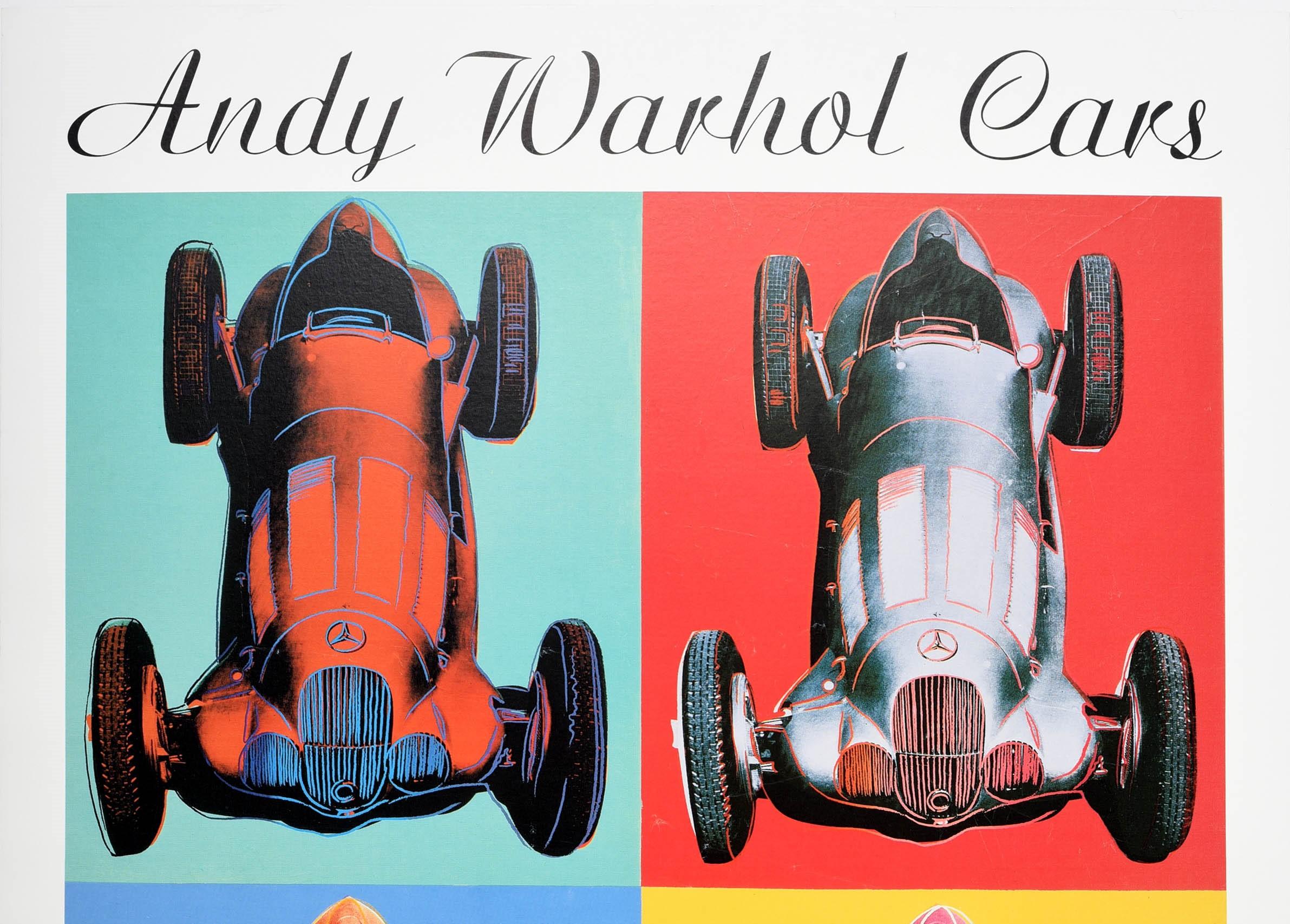 Original vintage advertising poster for an exhibition of Andy Warhol Cars at the Kunstmuseum in Bern from 2 March to 29 April 1990. Colourful image featuring four Mercedes Benz racing cars on green, red, blue and yellow backgrounds by the notable