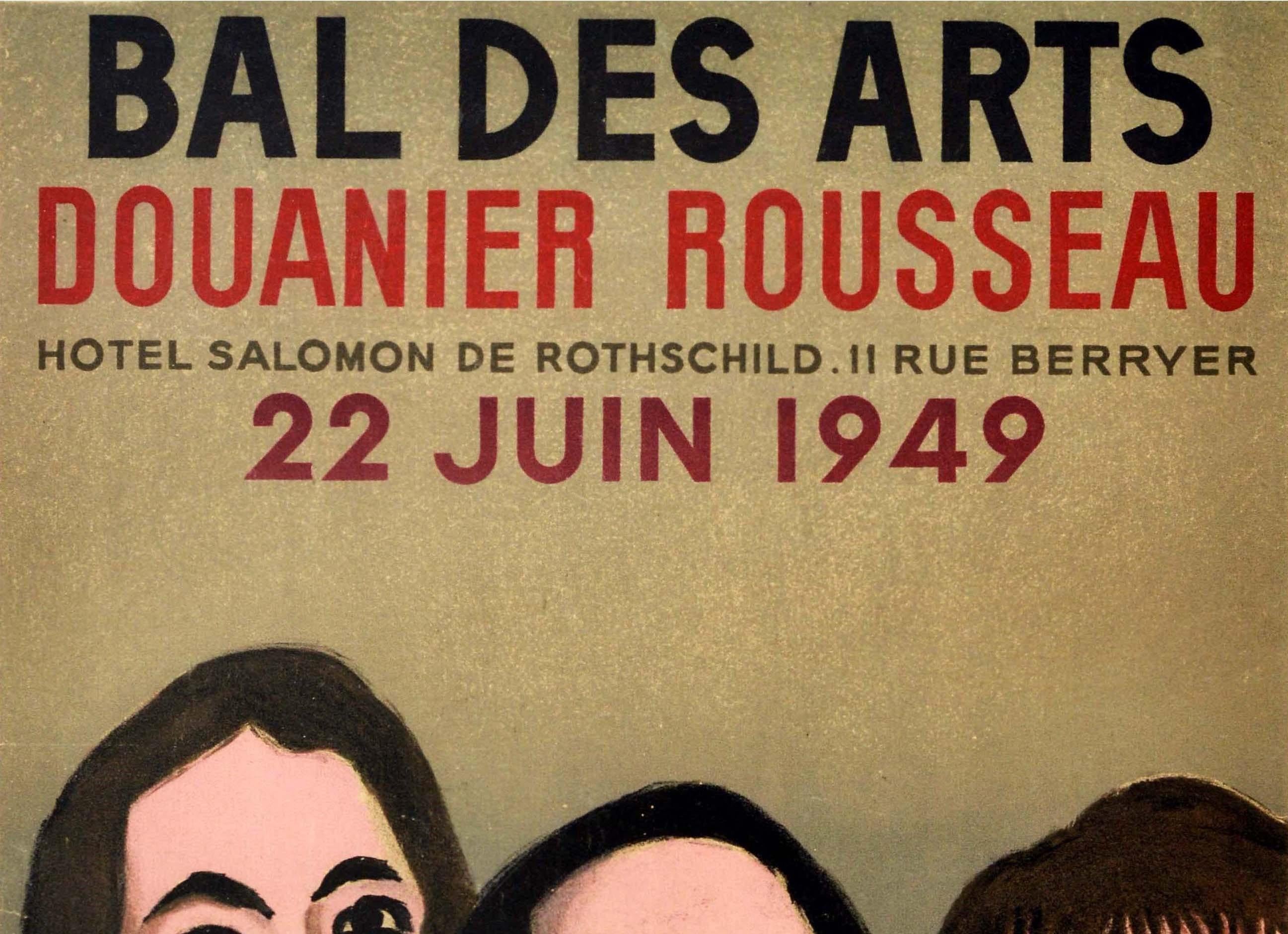 Original vintage art exhibition poster for Bal des Arts Douanier Rousseau Hotel Salomon de Rothschild 11 Rue Berryer on 22 June 1949 featuring an illustration by the notable French graphic artist Paul Colin (1892-1986) showing Henri Rousseau with a