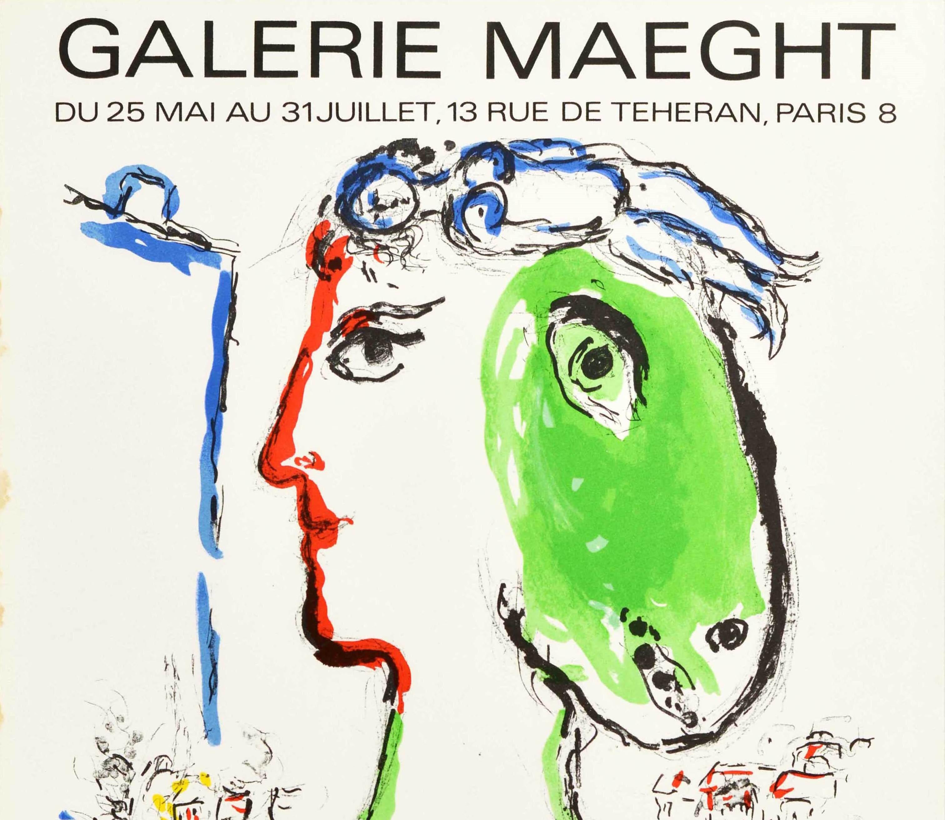Originelles Plakat für eine Kunstausstellung im Vintage-Stil - Chagall Galerie Maeght Paris - mit der Darstellung des Künstlers Marc Chagall (1887-1985): Der Künstler als Phönix zeigt einen Kopf mit dem Gesicht eines Mannes, auf der anderen Seite