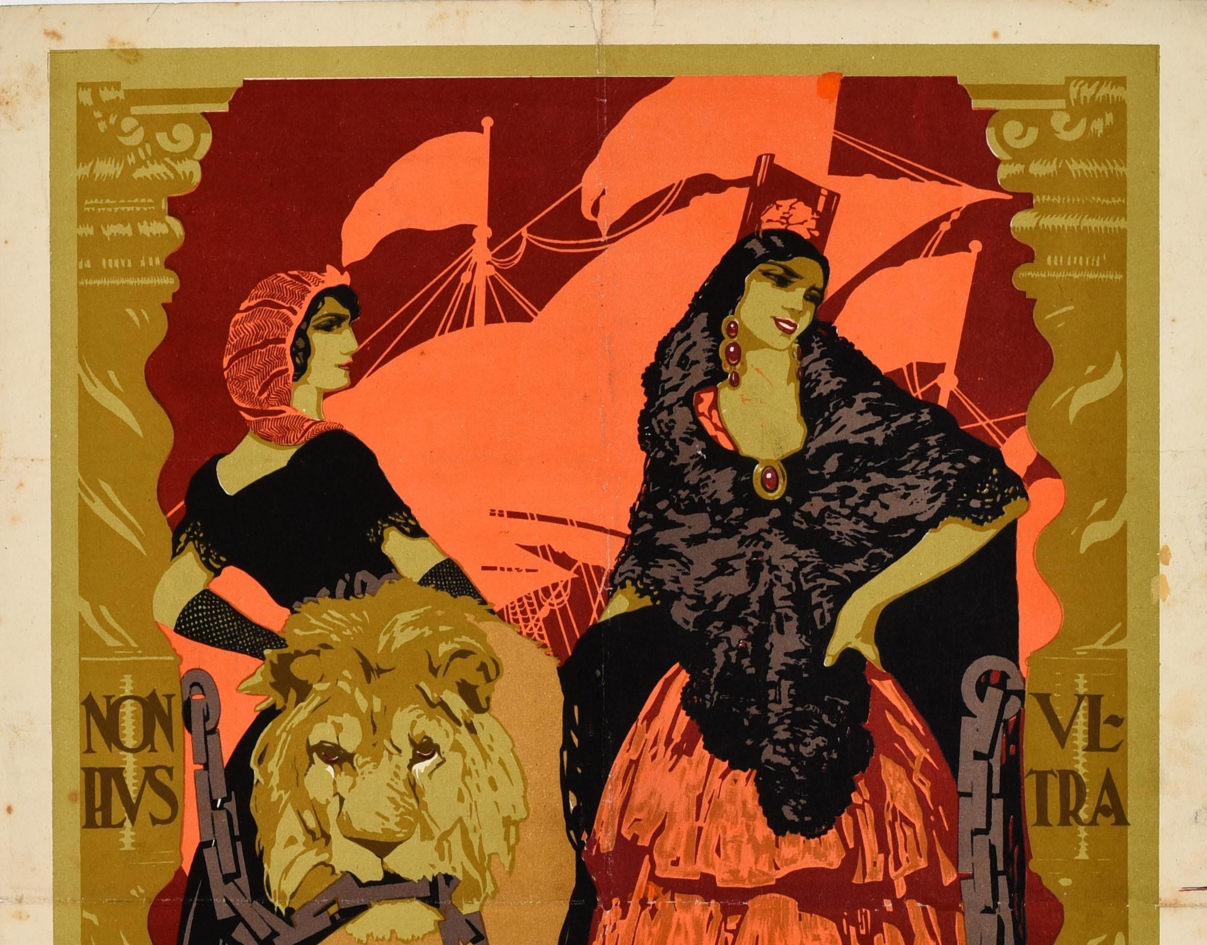 Original vintage advertising poster for the Spanish General Exhibition / Exposicion General Espanola held in Sevilla 1928 and Barcelona 1929 featuring a great design depicting a smiling lady wearing a traditional dress, shawl and headdress next to a