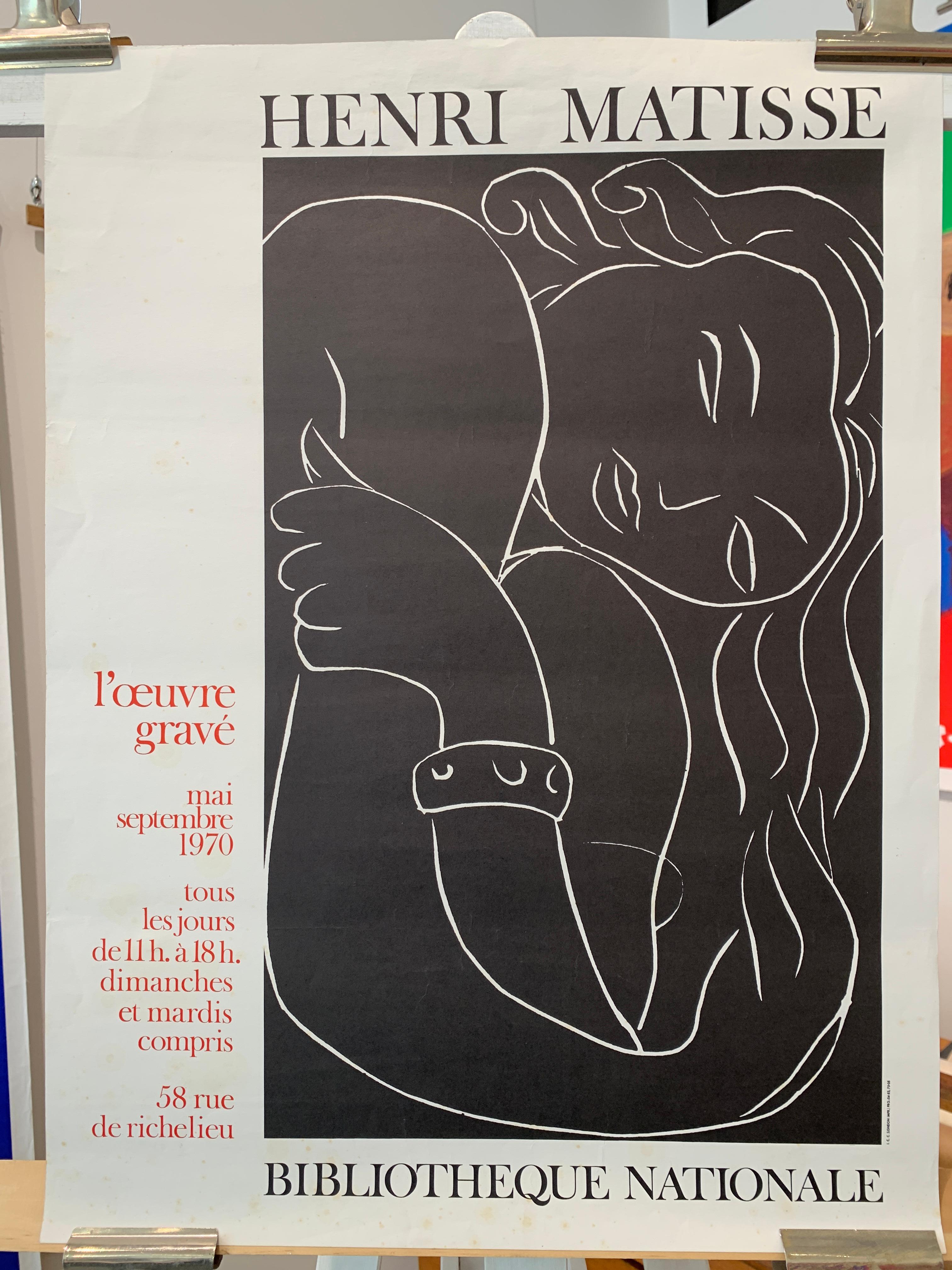 Affiche d'origine d'exposition vintage, Henri Matisse, « BIBLIOTHEQUE NATIONALE », 1970

Il s'agit d'une affiche d'exposition originale d'Henri Matisse datant de 1970. L'état général est très bon. Légers signes d'usure correspondant à l'âge de