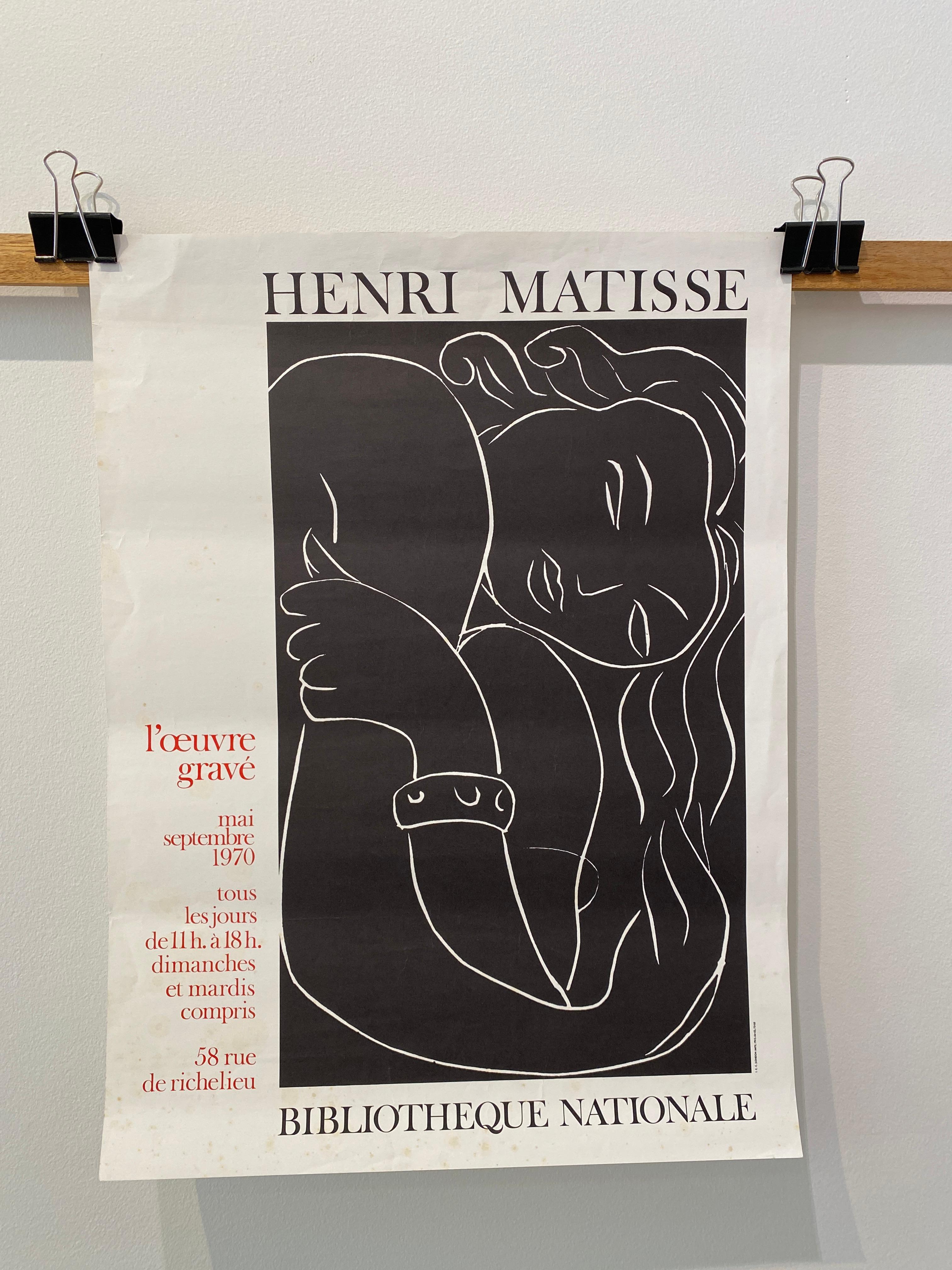 Papier Affiche d'origine d'exposition vintage, Henri Matisse, « BIBLIOTHEQUE NATIONALE », 1970 en vente