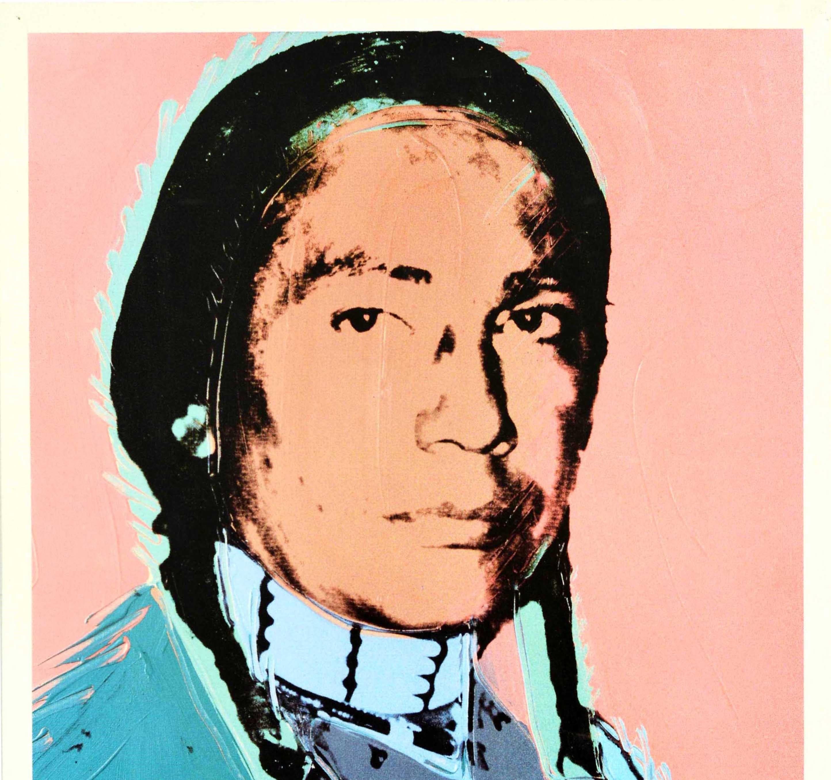 Affiche publicitaire vintage originale pour L'art des Etats-Unis / The Art of The United States, présentant un portrait Pop Art coloré de l'Américain Russell Means en costume traditionnel, réalisé par le célèbre artiste Andy Warhol (1928-1987).