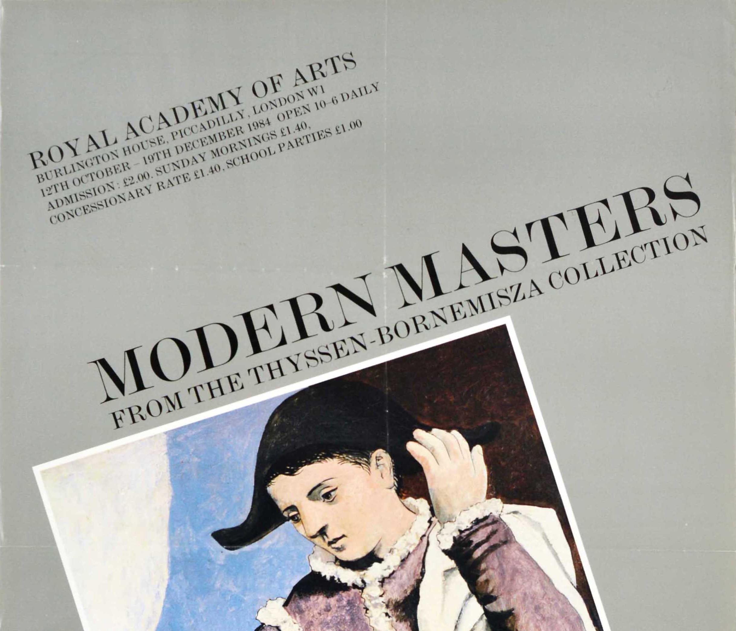 Original vintage art exhibition poster for Modern Masters From The Thyssen-Bornemisza Collection held at the Royal Academy of Arts Burlington House Piccadilly London W1 from 12 October to 19 December 1984 featuring a colourful image of a boy in a