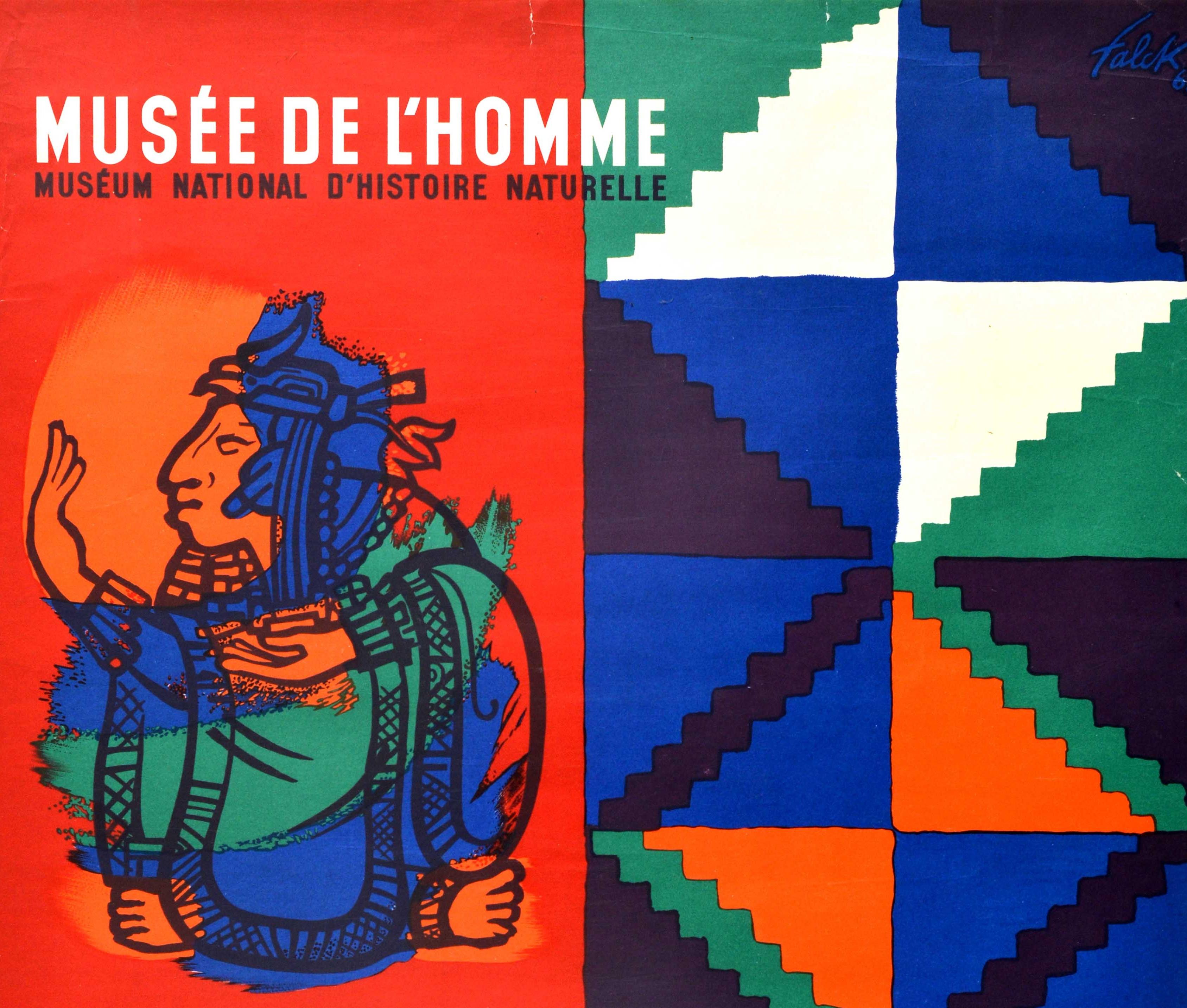Original vintage exhibition poster for the Musee de l'Homme Museum National d'Histoire Naturelle Costumes Maya d'aujourd'hui / Museum of Man National Museum of Natural History Mayan Costumes Today featuring a colorful design by Jarl Falck
