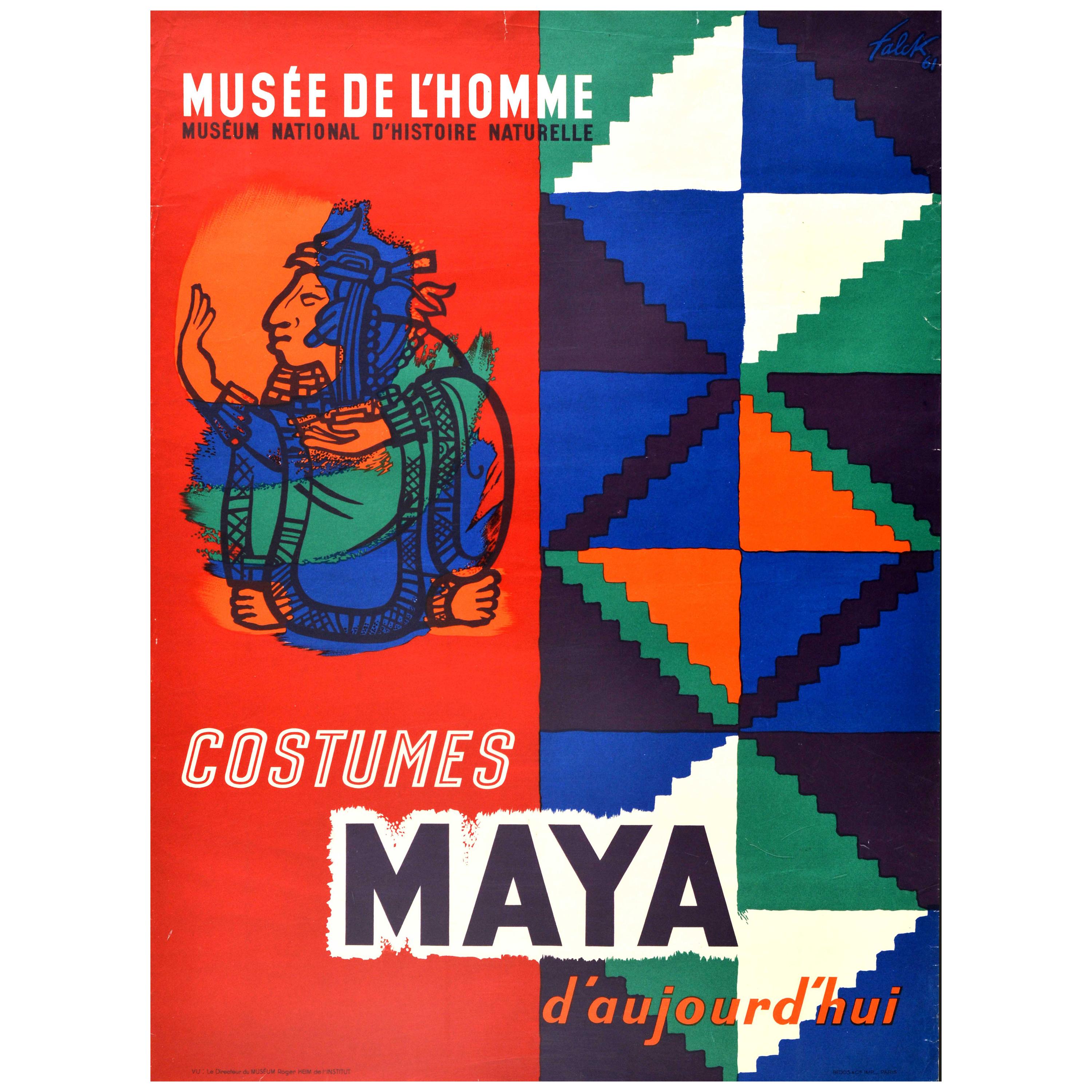 Affiche d'origine d'exposition vintage du Musée de l'Homme, Costumes Maya, Histoire du design