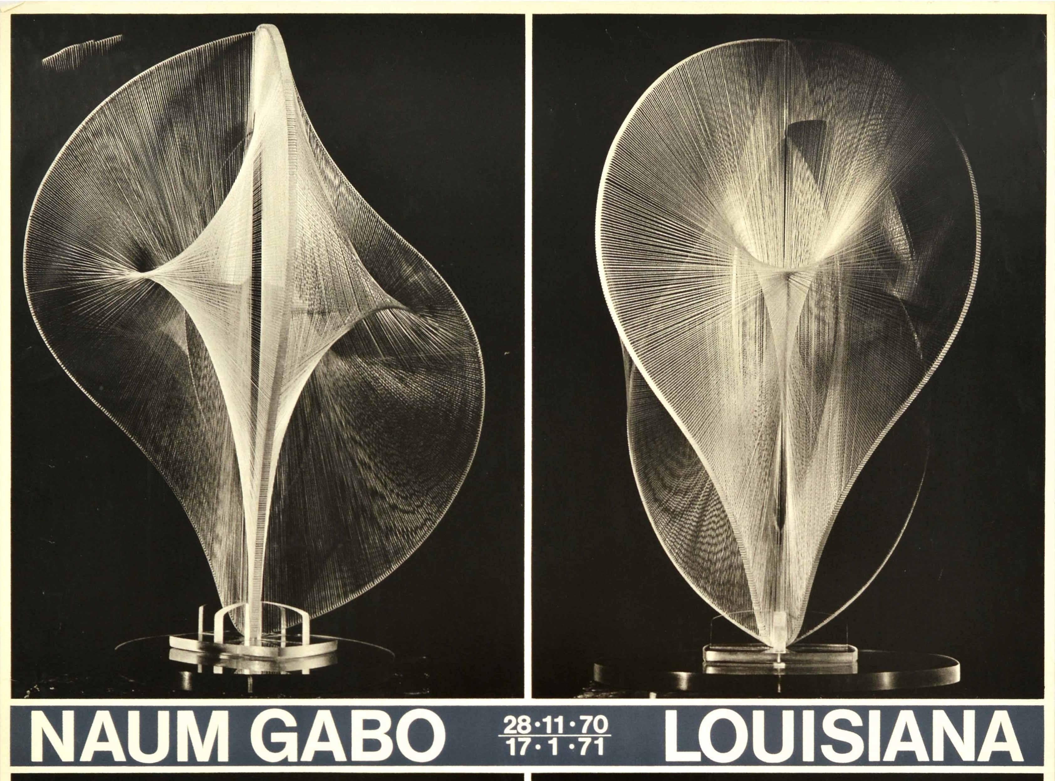 Original vintage advertising poster for an exhibition of work by the notable avant-garde sculptor, Kinetic artist and printmaker Naum Gabo (Naum Neemia Pevsner; 1890-1977) in Louisiana from 28 November 1970 to 17 January 1971 featuring four abstract