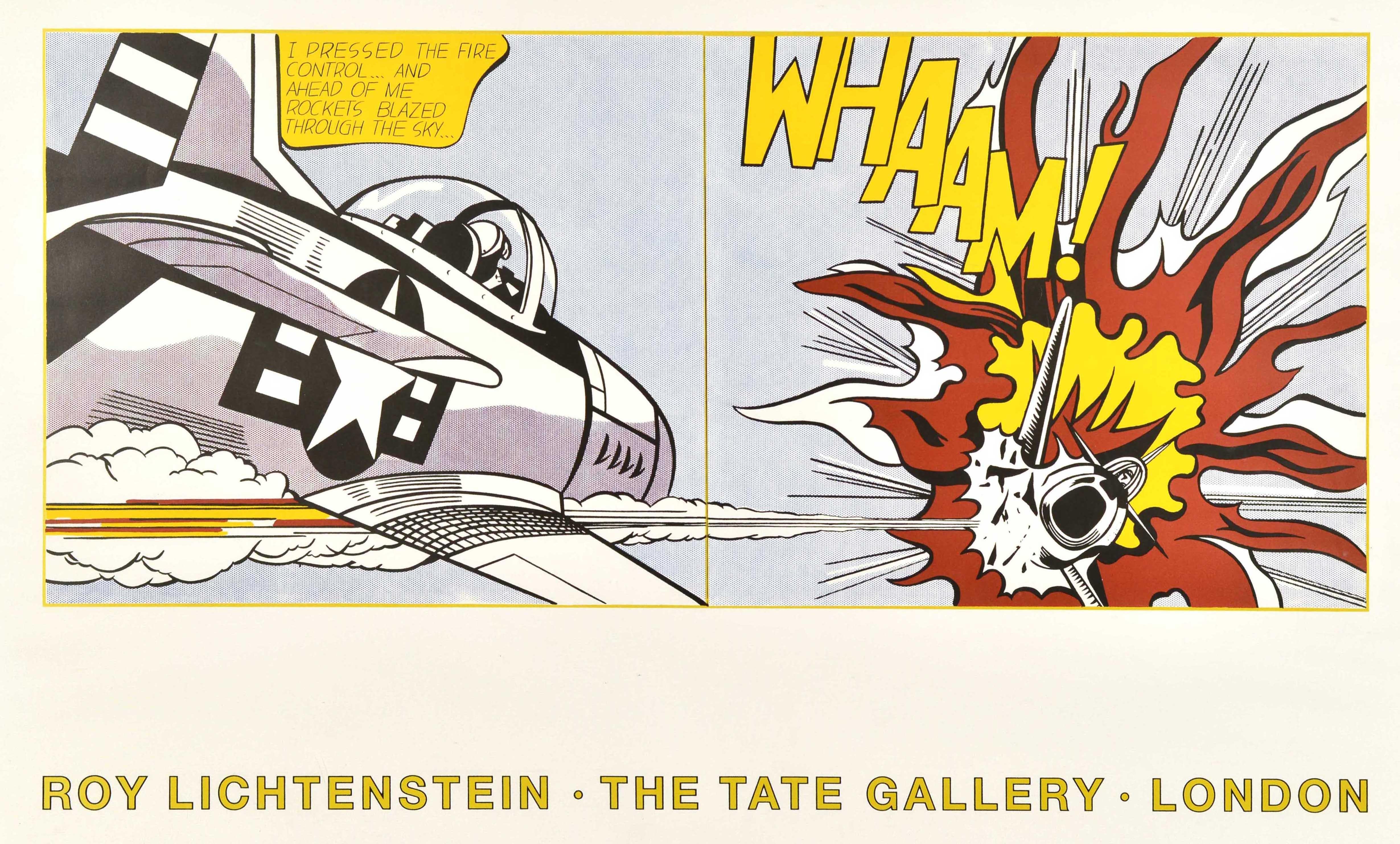 Poster originale d'epoca per una mostra in una galleria d'arte con un'opera del noto artista pop americano Roy Lichtenstein (1923-1997) che raffigura un'iconica immagine a fumetti di un jet da combattimento militare che spara un razzo e colpisce un