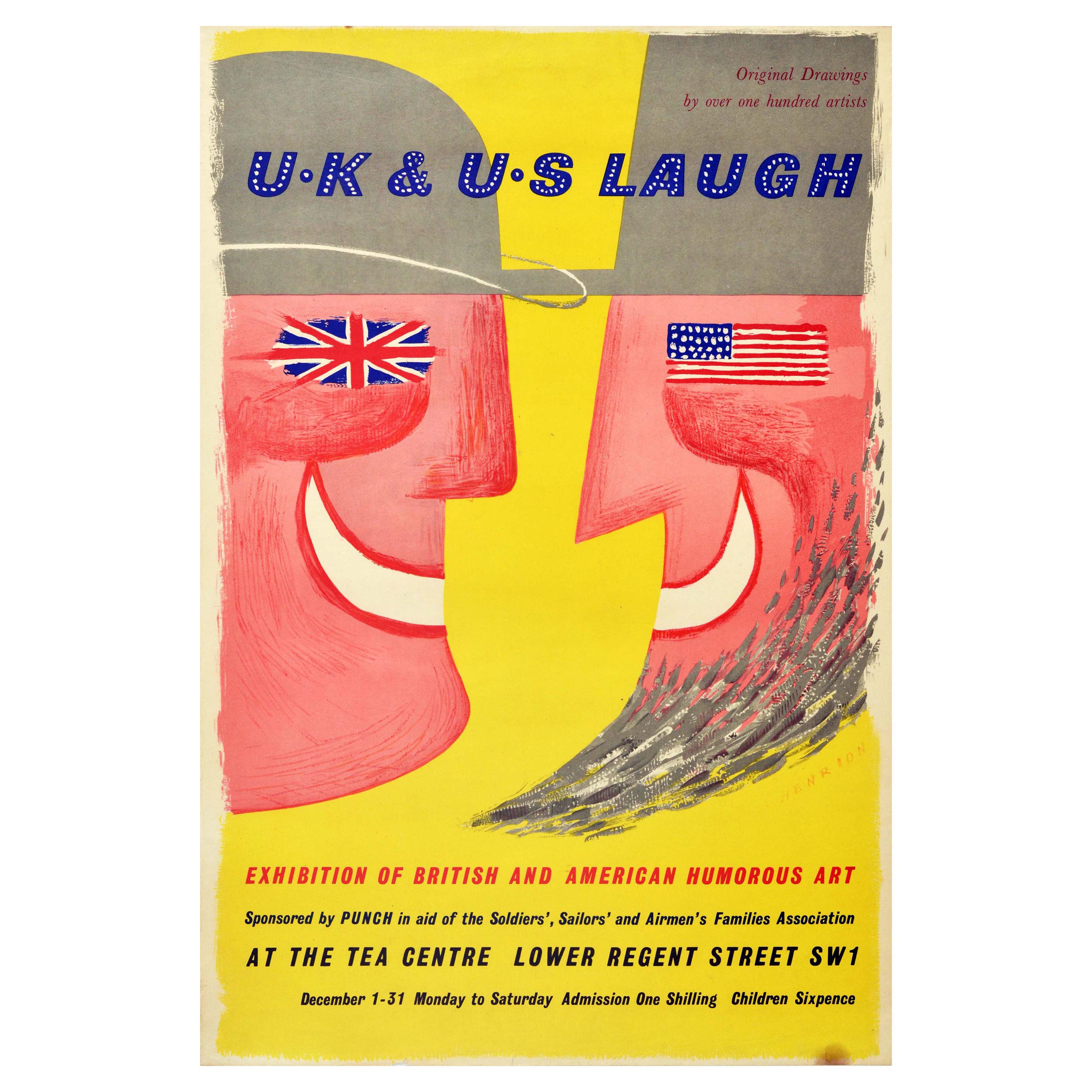 Original Vintage Exhibition Poster UK & US Laugh British & American Humorous Art