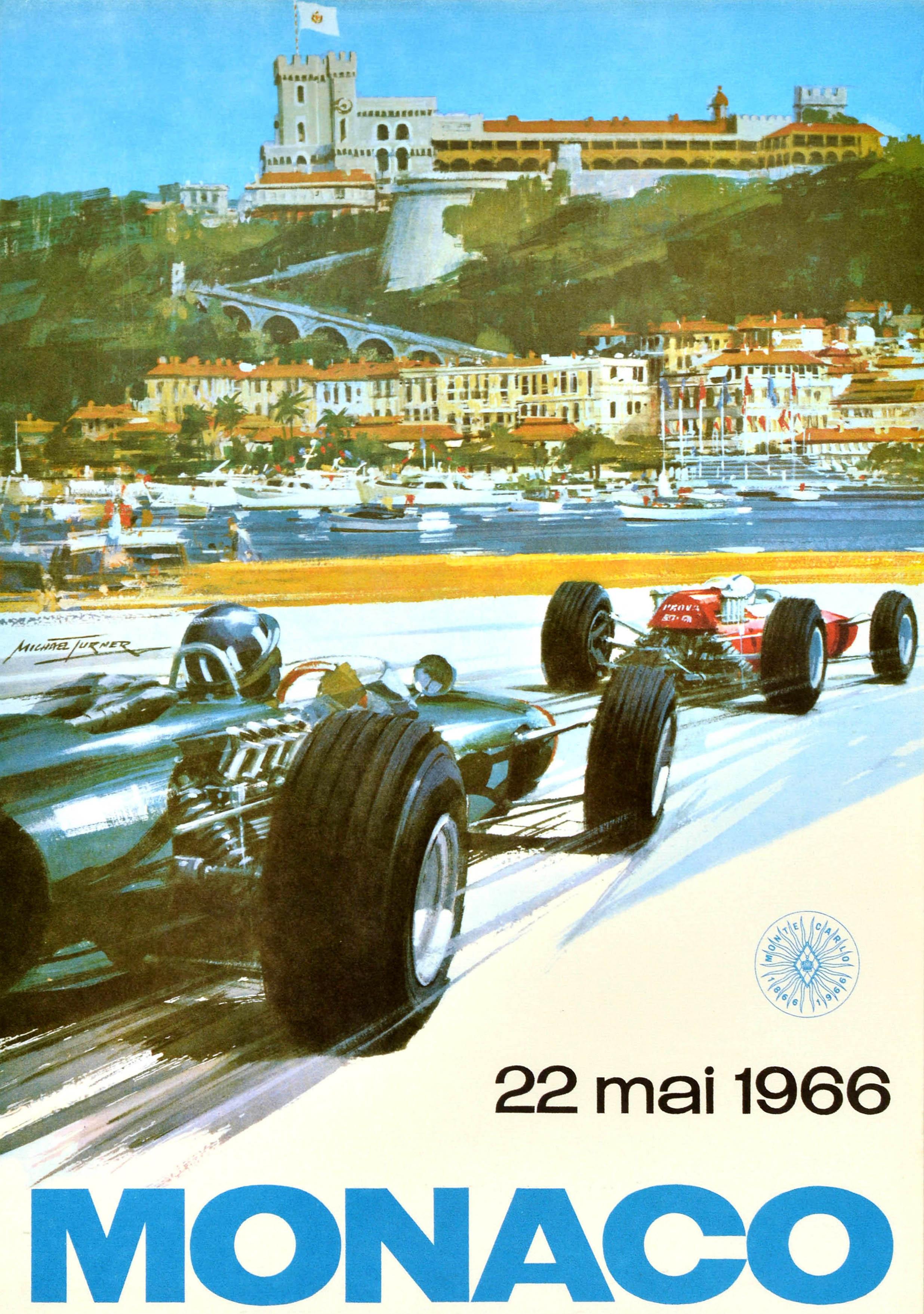 Original vintage F1 motorsport poster for the Monaco GP 1966 featuring a great design by Michael Turner (b. 1934) depicting two classic racing cars driving at speed on a picturesque waterside road with sailing boats in the harbour and the historic