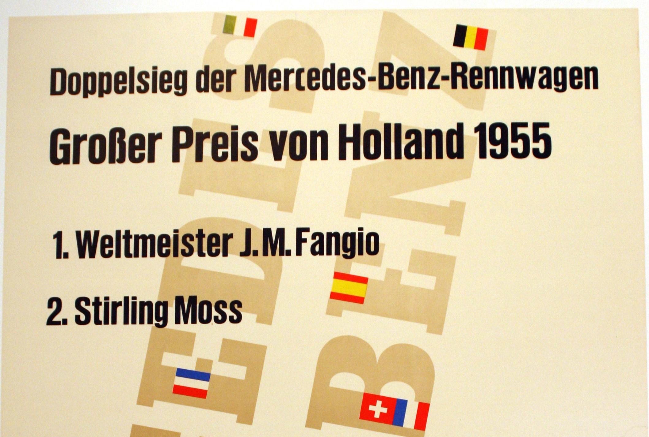 Original vintage poster advertising Mercedes Benz victory in Holland Grand Prix in 1955. The 1955 Dutch Grand Prix was a Formula One motor race held at Zandvoort on June 19, 1955. It was race 5 of 7 in the 1955 World Championship of Drivers. The