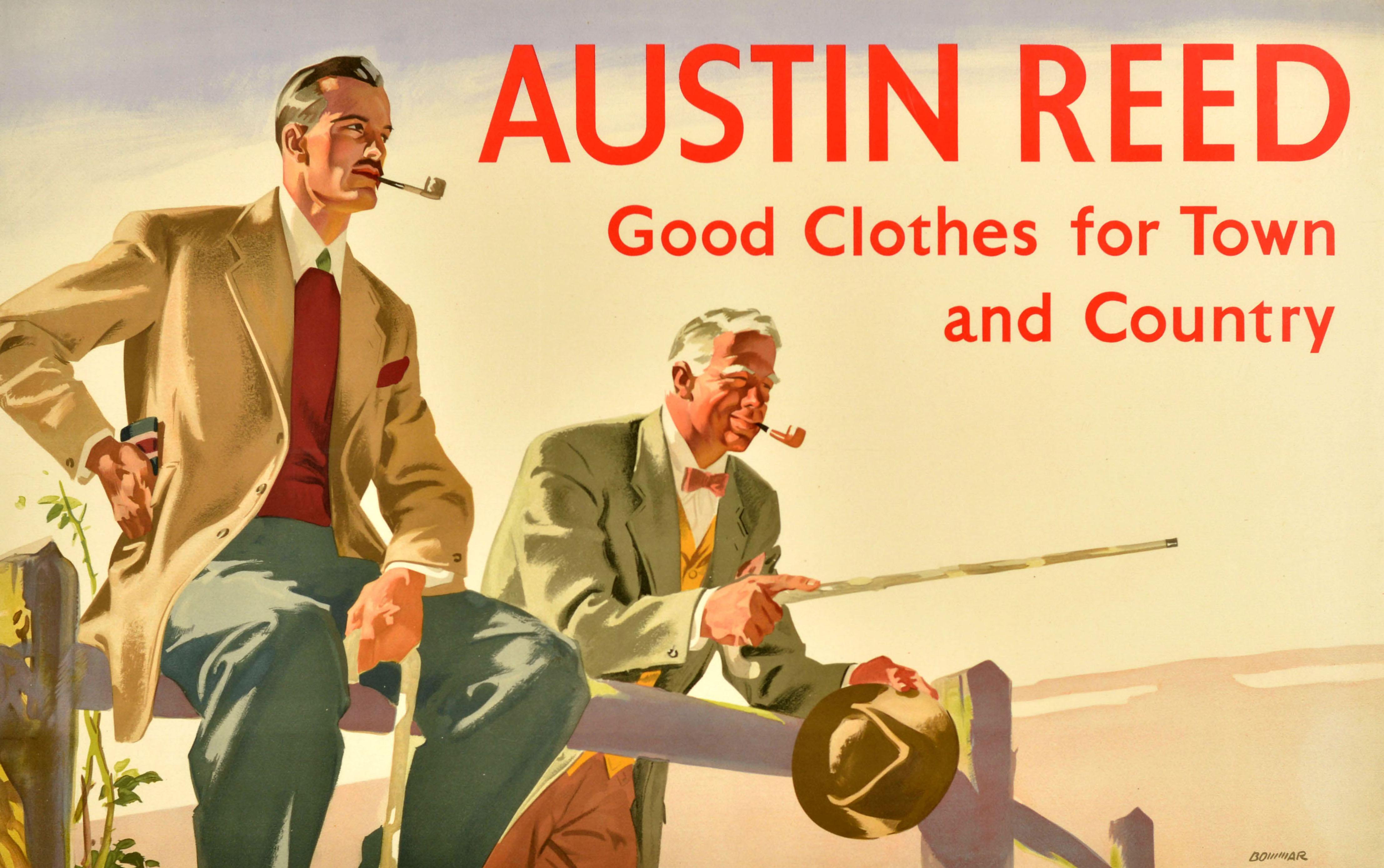 Original vintage men's fashion advertising poster - Austin Reed Good Clothes for Town and Country - featuring a stunning image of two elegantly dressed gentlemen smoking pipes with the bold title text above, the younger man with a moustache putting