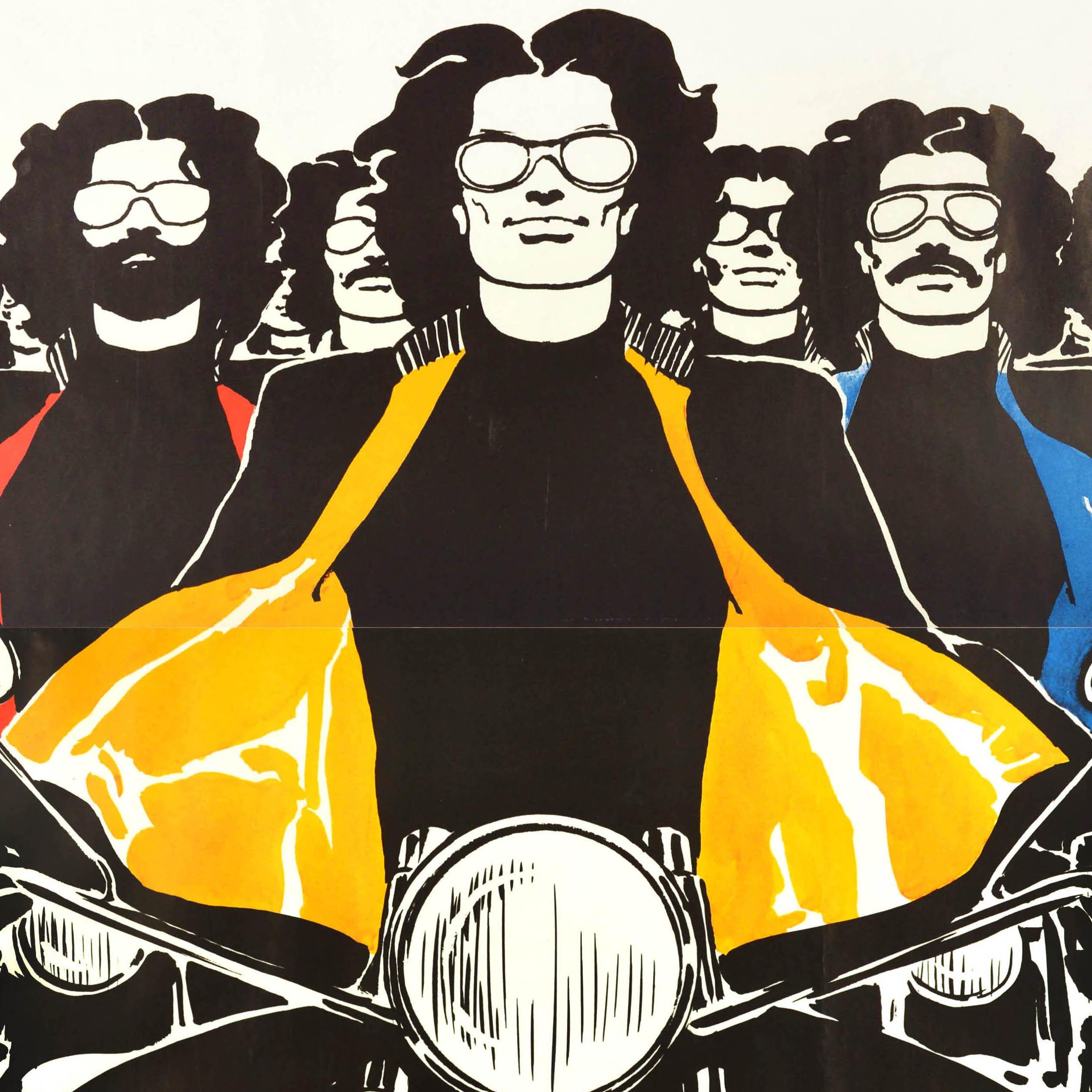 Original vintage fashion advertising poster by the notable graphic artist Rene Gruau (Renato de Zavagli; 1909-2004) for the Bemberg textile company featuring a black and white image of a group of men riding motorcycles towards the viewer with the