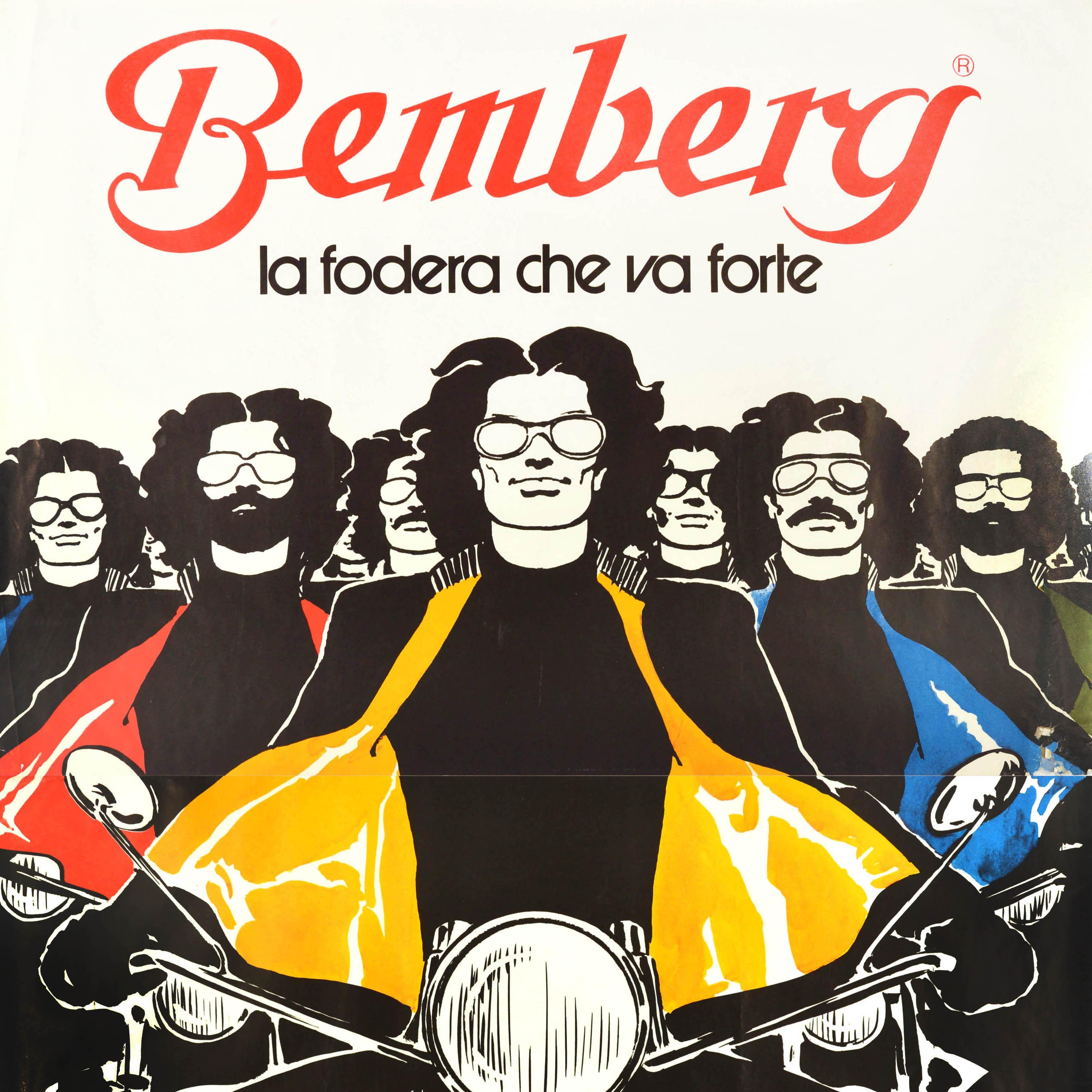 Italian Original Vintage Fashion Advertising Poster Bemberg Motorcycle Rene Gruau Design For Sale