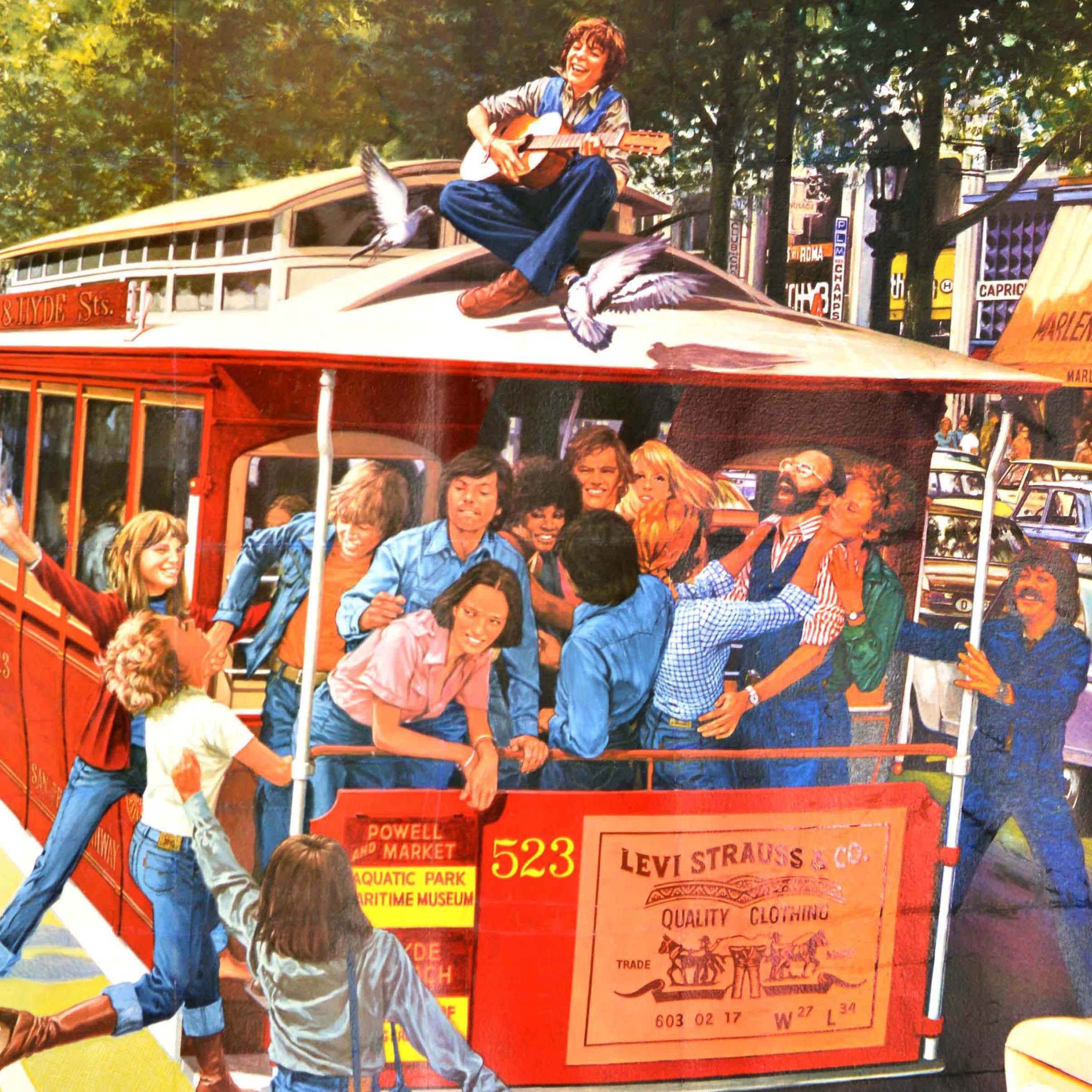 Original vintage fashion advertising poster for Levi's jeans featuring a colourful illustration of people wearing blue jeans, denim jackets and shirts on board and running towards an iconic San Francisco cable car tram in California marked 523