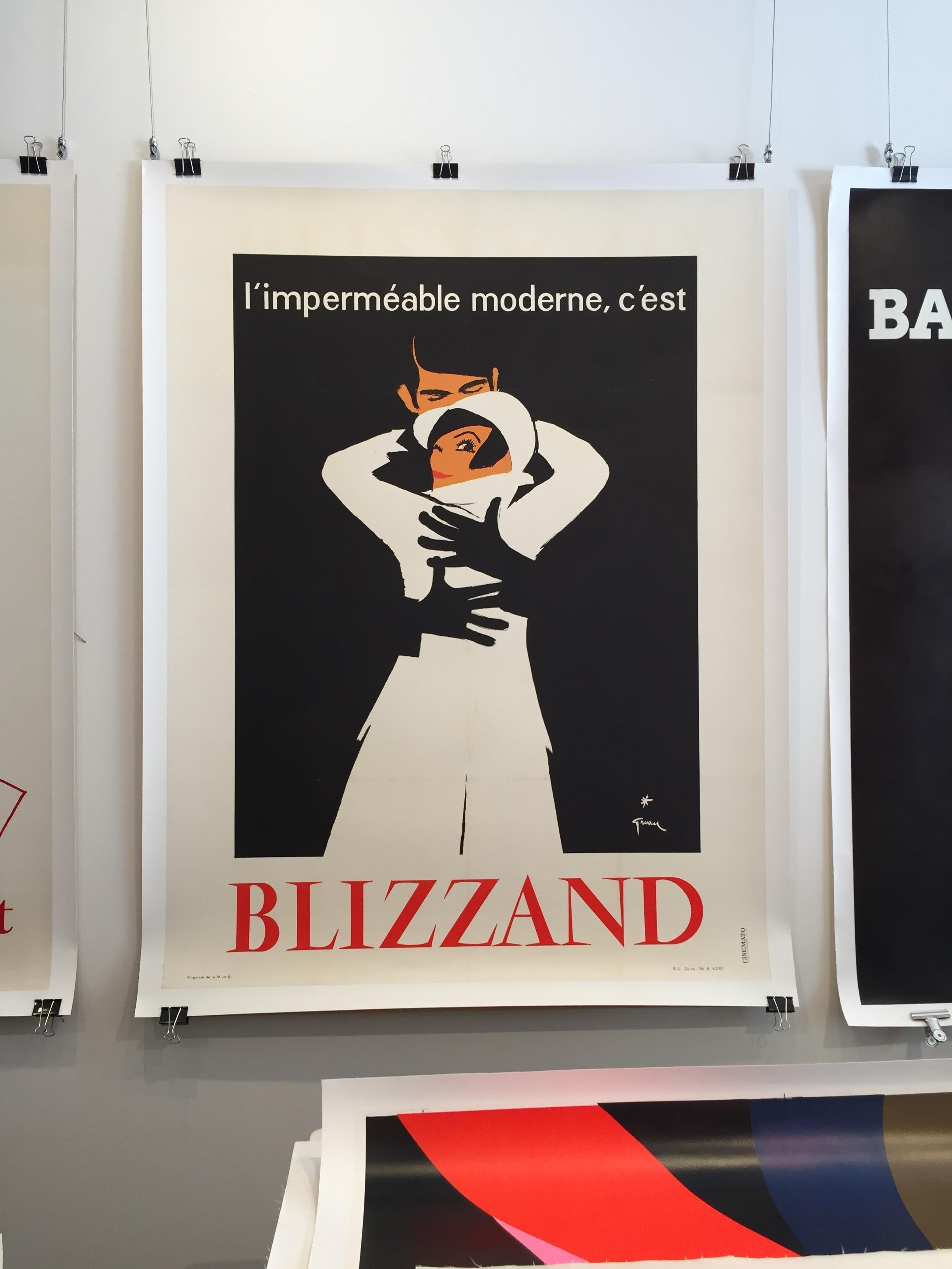 Extremely rare poster by fashion illustrator, Rene Gruau for ‘Blizzand’ raincoats. 

Year 
1955

Dimensions: 
122 x 165 cm

Condition: 
Excellent

Format: Linen backed.
 