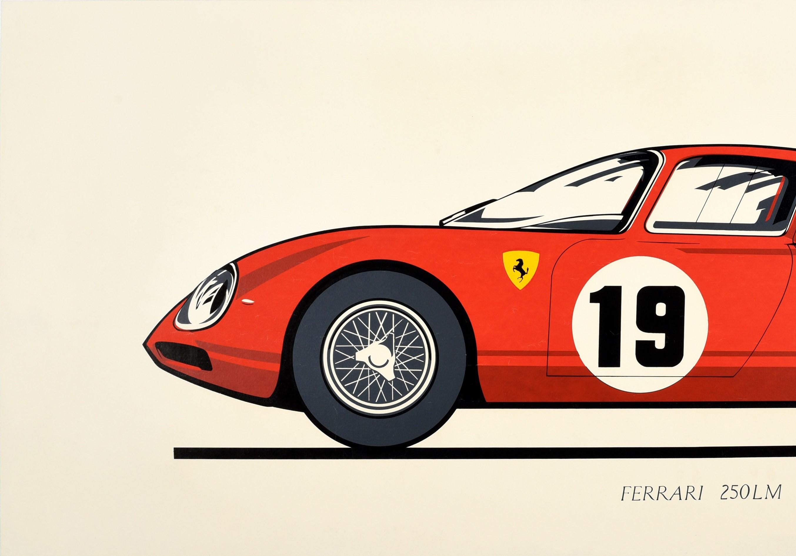 Original vintage car advertising poster for the Ferrari 250LM featuring a great side view illustration of a red Ferrari sports car with the iconic Ferrari logo of a black Cavallino Rampante / prancing horse on a yellow shield and a number 19 racing