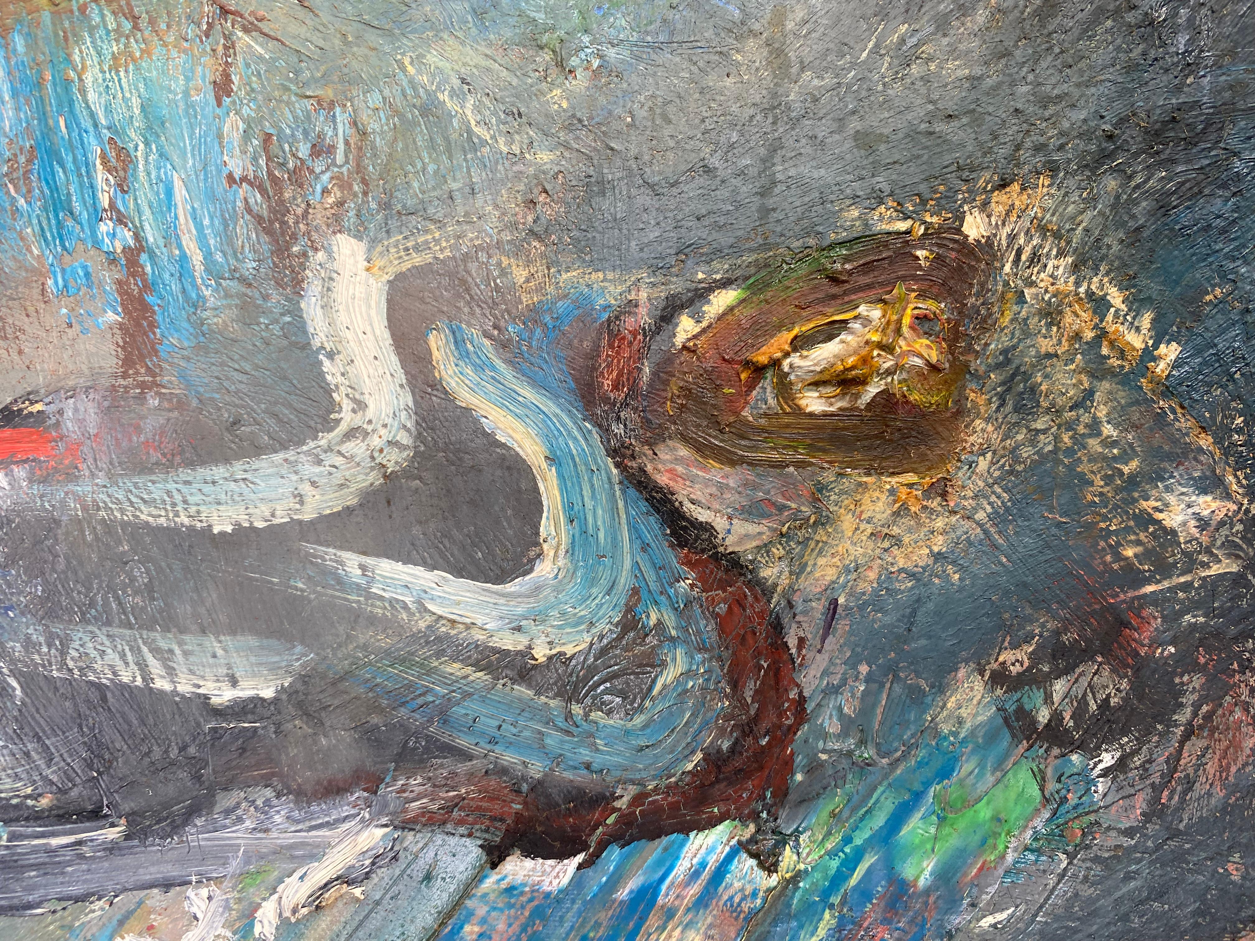 Vintage Warren Fischer figurative abstrakte Malerei auf Leinen Leinwand.

Zum Verkauf angeboten wird ein figuratives abstraktes Gemälde auf Leinen von dem amerikanischen Künstler Warren Fischer (1943-2001). Das Gemälde ist Teil des Nachlasses des