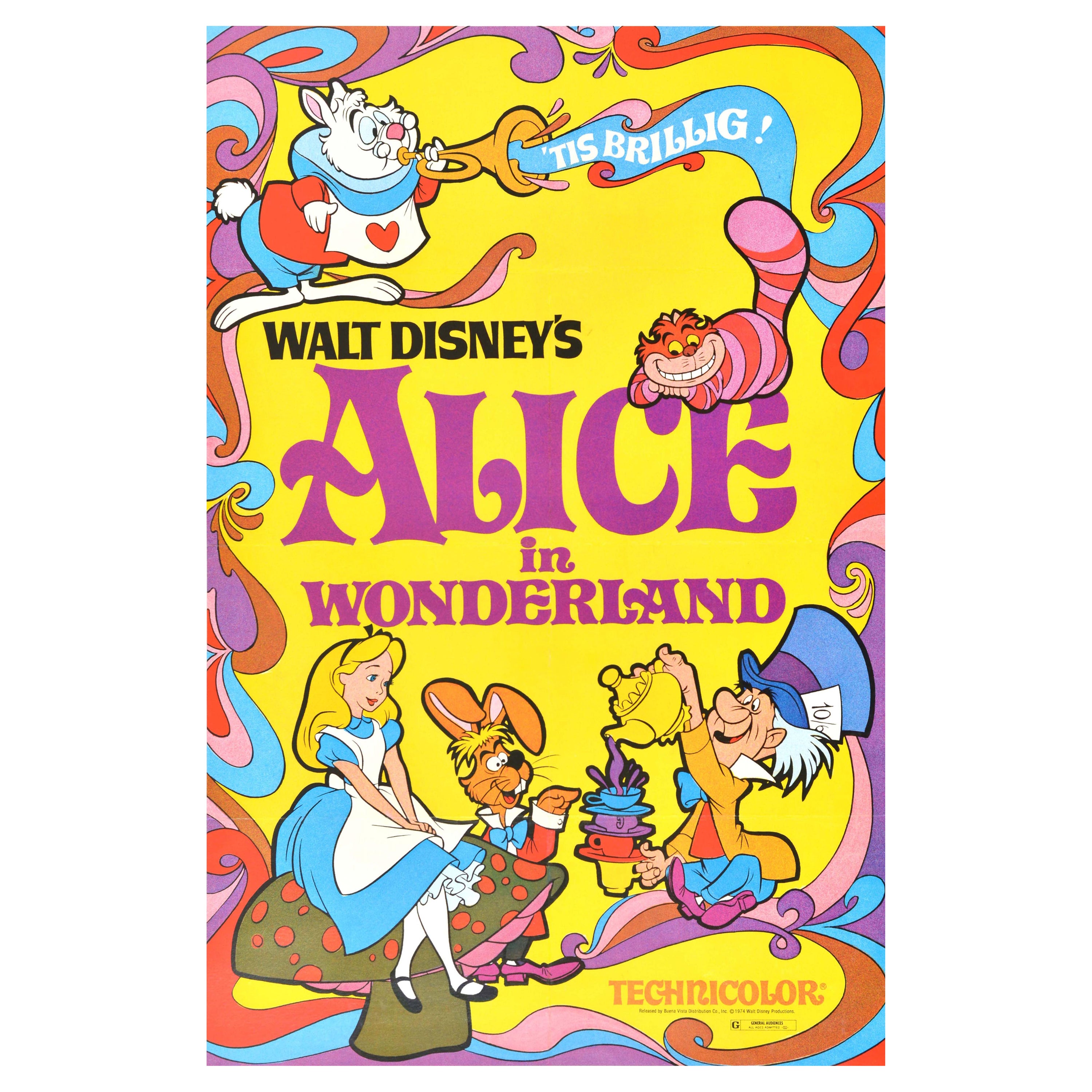 Original-Vintage-Filmplakat Alice im Wunderland, Walt Disney, Cartoon-Filmkunst