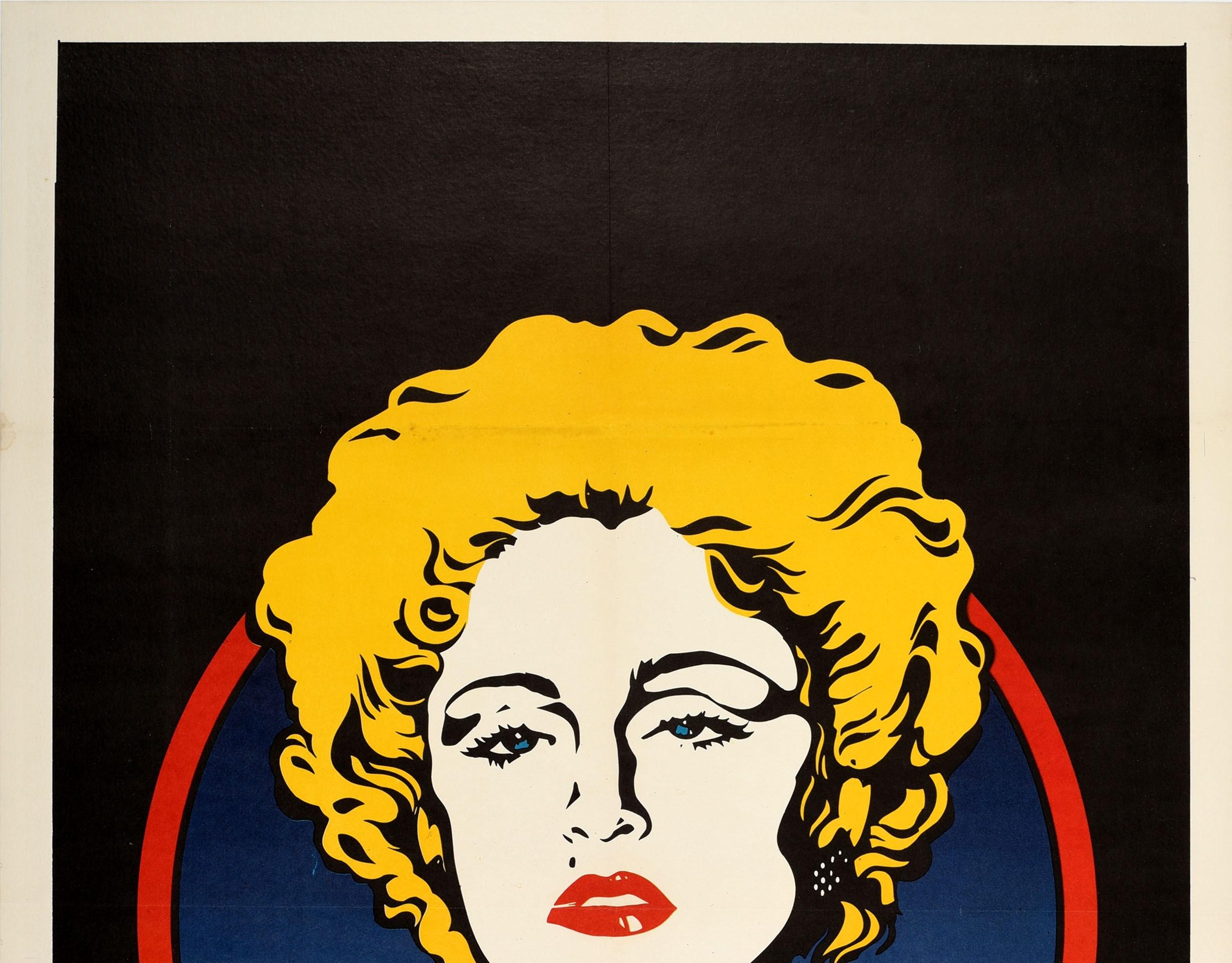 Original vintage film poster for an action crime movie based on a comic strip detective - Dick Tracy - directed by Warren Beatty and starring Warren Beatty, Madonna and Al Pacino, featuring a colourful Pop Art style image of Madonna as Breathless