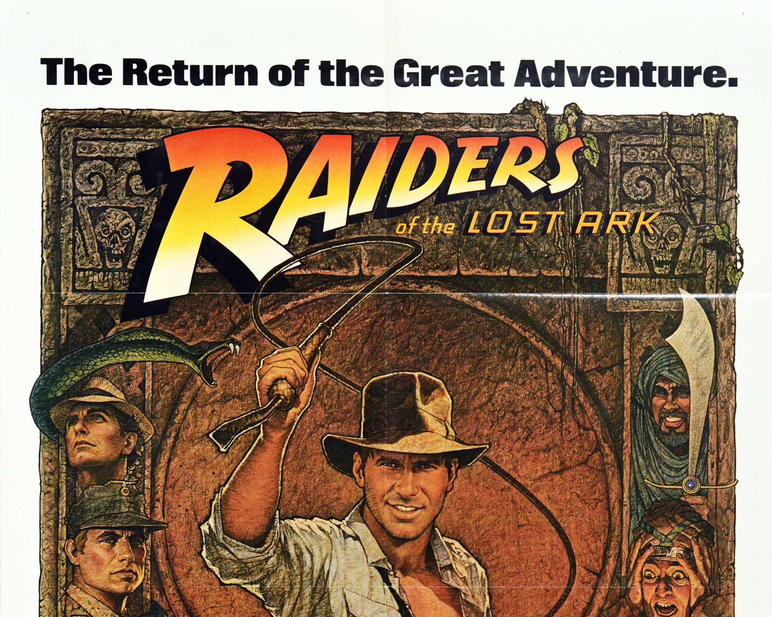 Original vintage movie poster for the re-release of one of the highest grossing films ever made Raiders of the Lost Ark starring Harrison Ford as the adventurous archaeologist Indiana Jones with Karen Allen as Marion, Paul Freeman, Ronald Lacey,