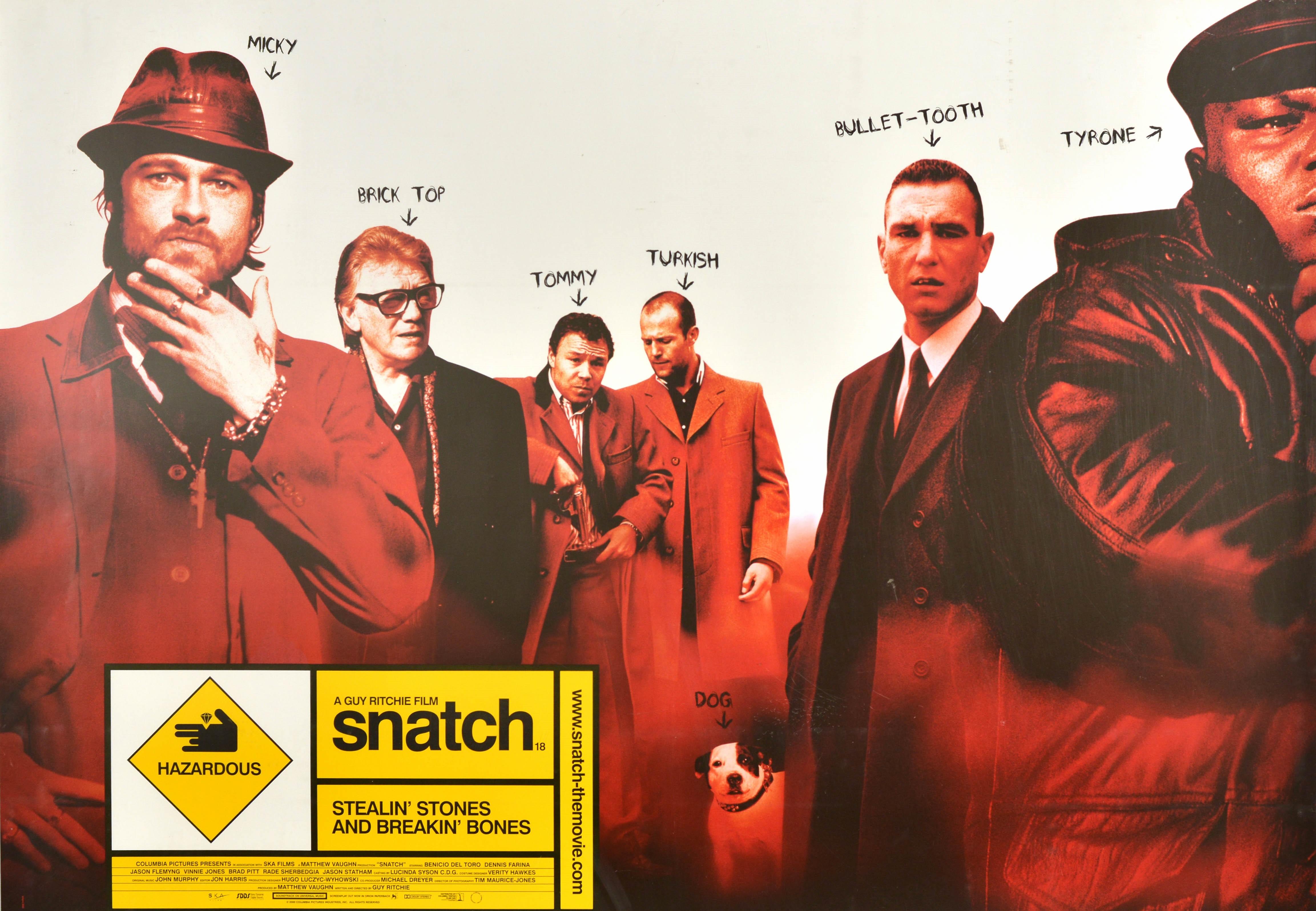 Original vintage movie poster for a British crime comedy film Snatch about a stolen diamond, small-time boxing promoter and a ruthless gangster set in the London criminal underworld, written and directed by Guy Ritchie featuring photos and names of