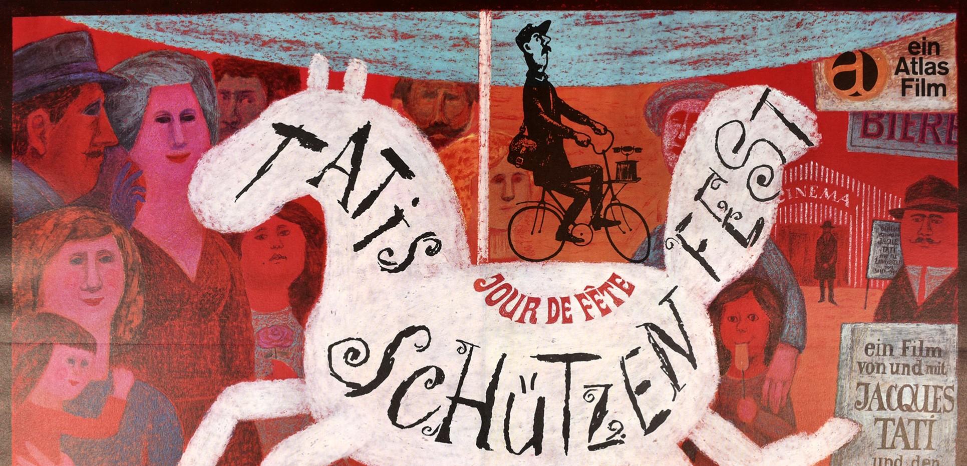 Original vintage movie poster for the German re-release of the 1949 Classic French comedy film Tatis Schutzenfest / Jour de Fete / The Big Day directed by Jacques Tati (his feature film Directional debut) and starring Jacques Tati in the main