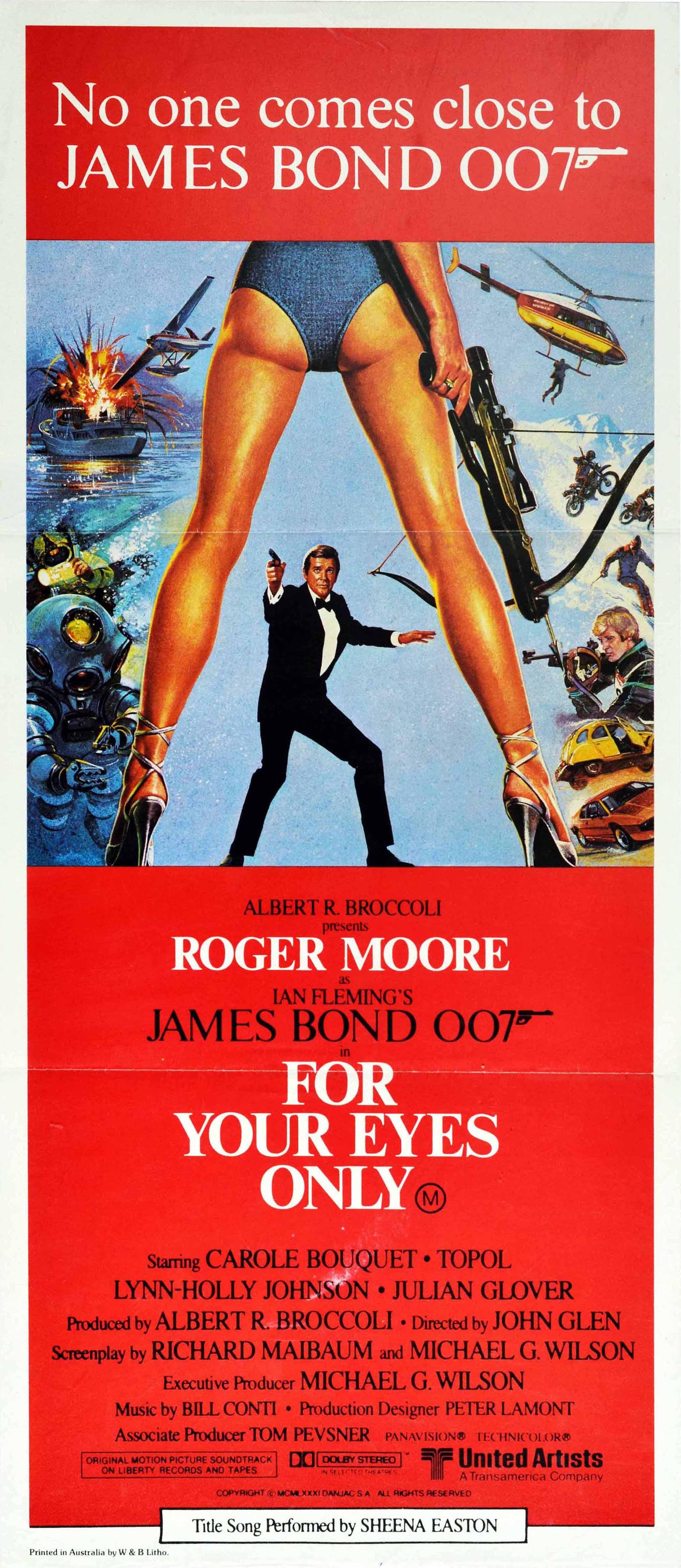 Original vintage film poster for the Australian release of the 007 movie For Your Eyes Only starring Roger Moore, Carole Bouquet and Chaim Topol based on the novel by Ian Fleming 