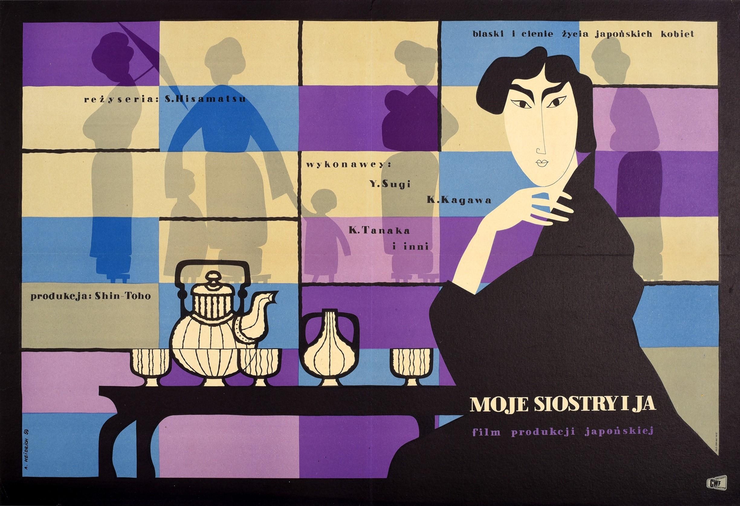 Original vintage Polish movie poster for the 1954 Japanese film Onna no Koyomi / My Sisters and I / Moje Siostry i Ja directed by Seiji Hisamatsu and written by Toshiro Ide based on A Calendar short story collection by the notable Japanese writer