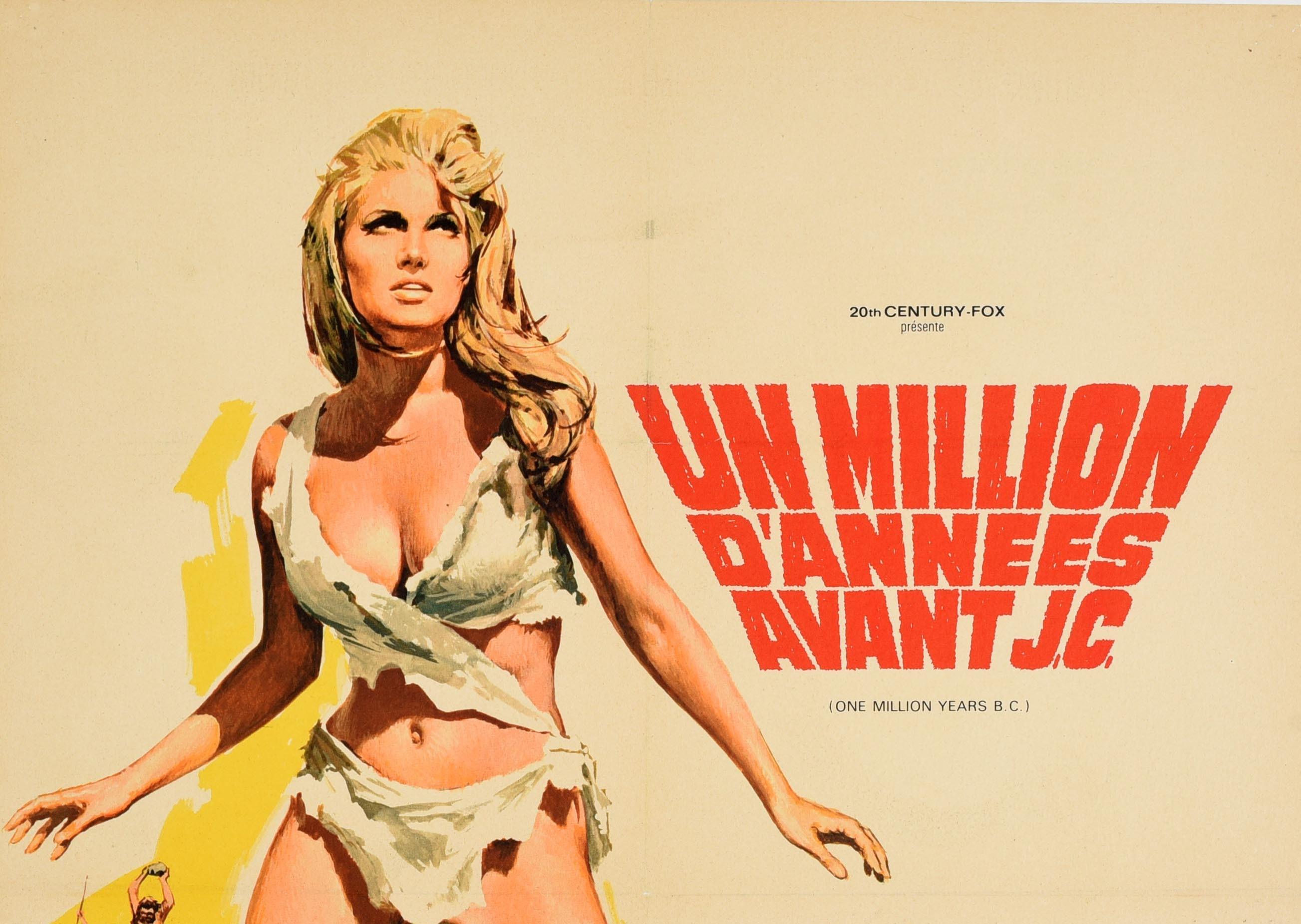 Poster cinematografico originale d'epoca per l'uscita in Francia del film d'avventura fantasy One Million Years B.C. / Un Million D'Annees Avant J.C. ambientato in un mondo preistorico con cavernicoli e dinosauri, diretto da Don Chaffey e