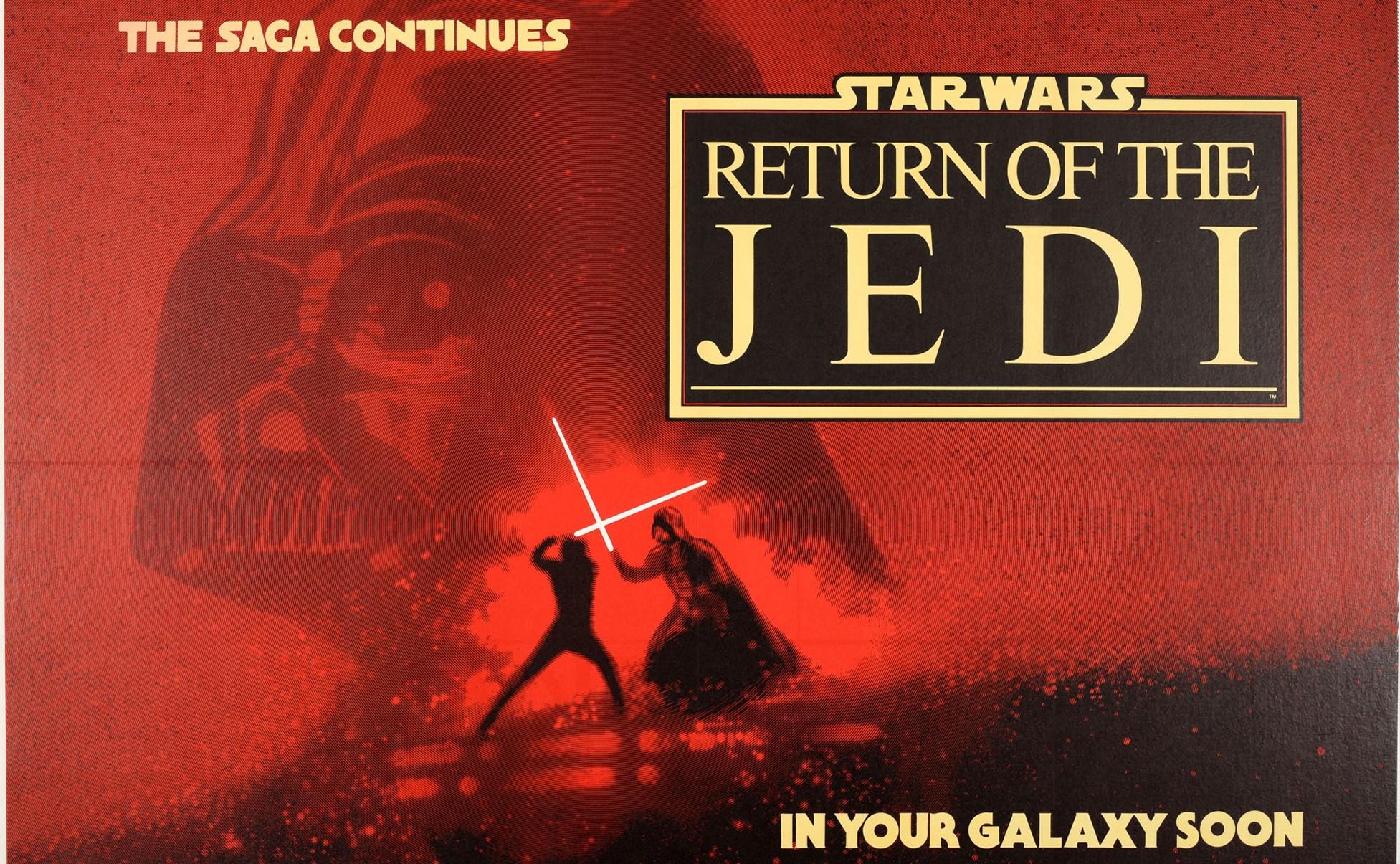 Original vintage teaser movie poster for the Classic film by George Lucas - Star Wars: Episode VI The Return of the Jedi - directed by Richard Marquand and starring Mark Hamill as Luke Skywalker, Harrison Ford as Han Solo, Peter Mayhew as Chewbacca,