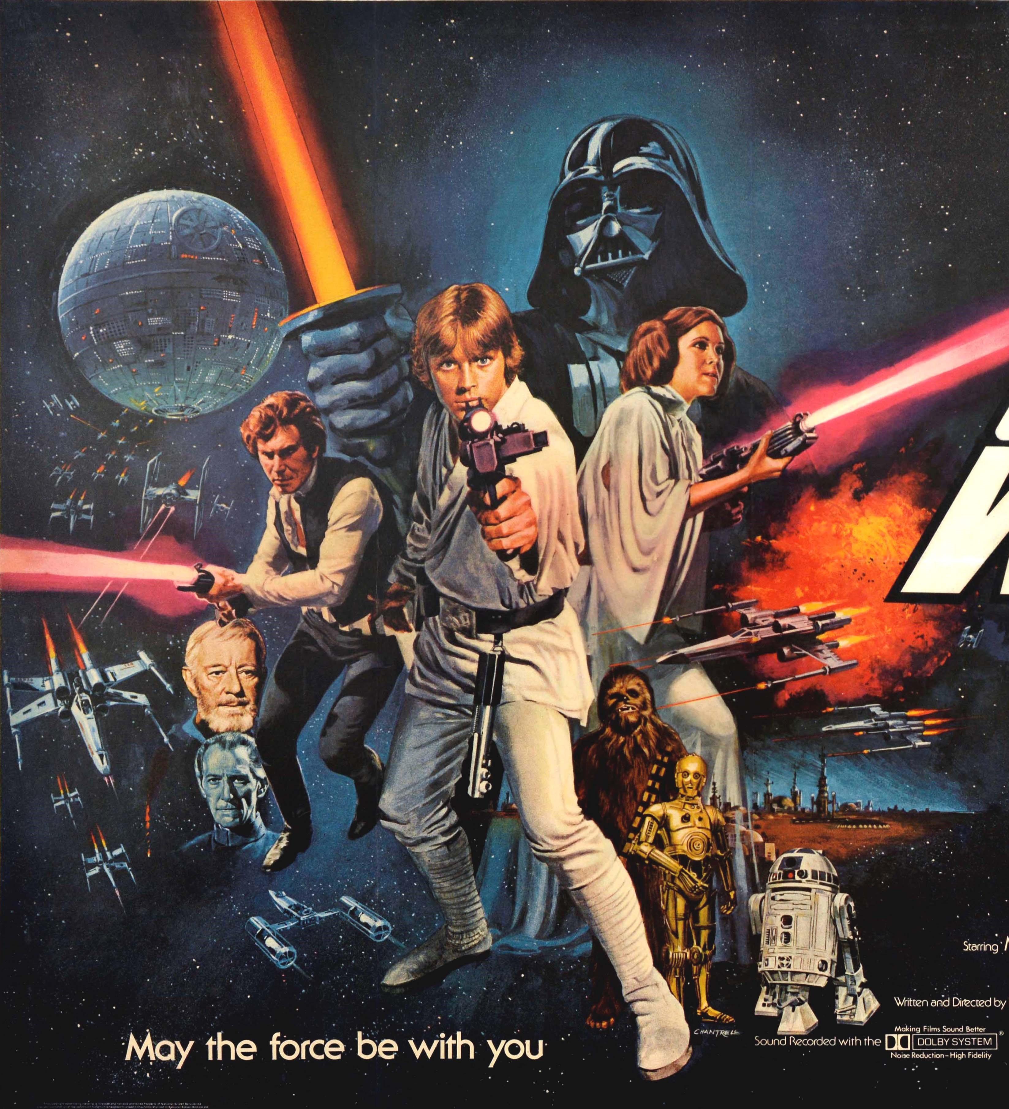Original vintage movie poster for the first release of the iconic Star Wars saga by George Lucas starring Mark Hamill as Luke Skywalker, Harrison Ford as Han Solo, Carrie Fisher as Princess Leia, Alec Guinness as Obi Wan-Kenobi, Anthony Daniels and
