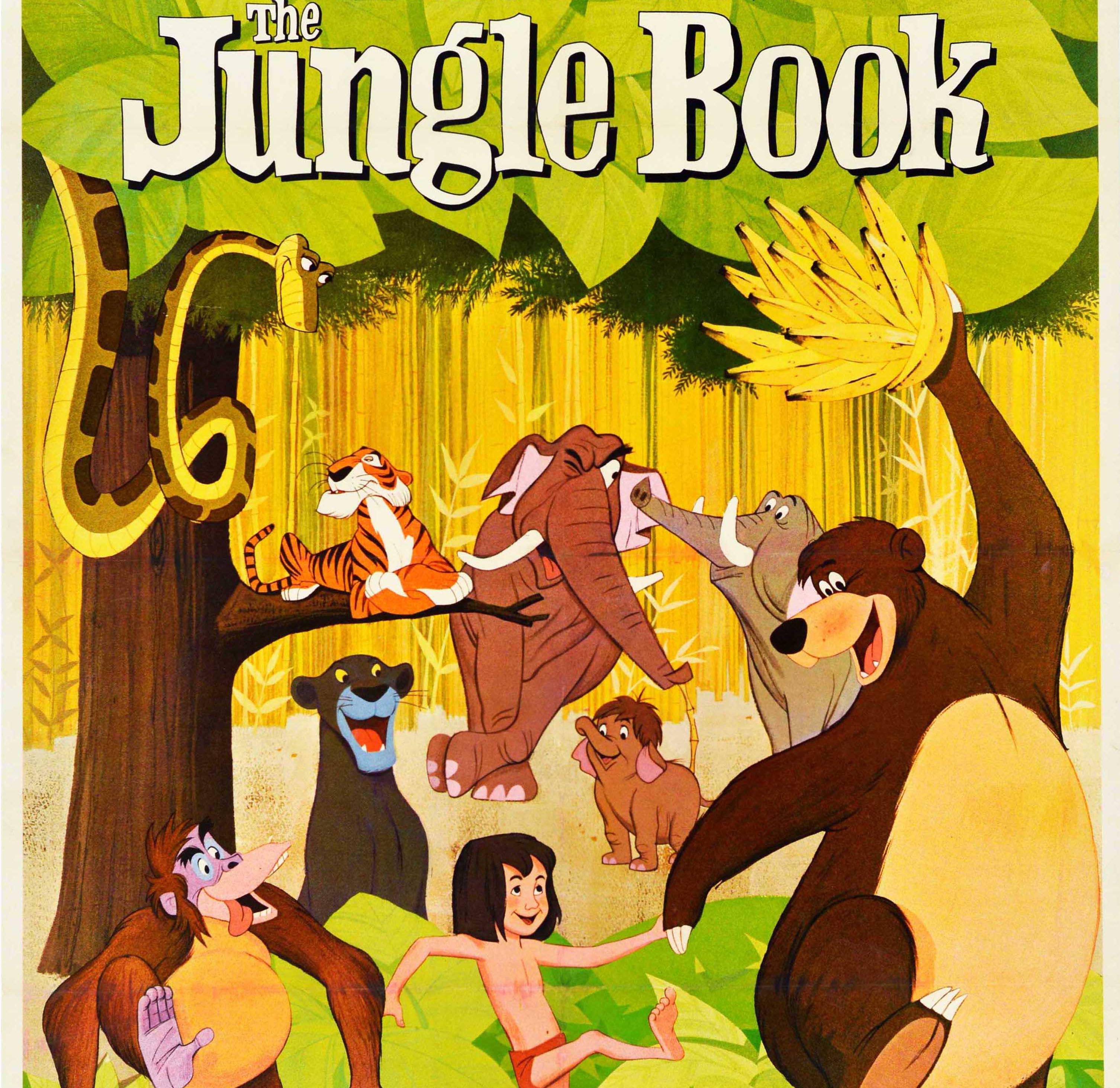 Original vintage film poster for Walt Disney's classic animated family movie The Jungle Book based on the 1894 book by Rudyard Kipling with the voices of Bruce Reitherman as Mowgli the man cub, Phil Harris as Baloo the bear, Sebastian Cabot as