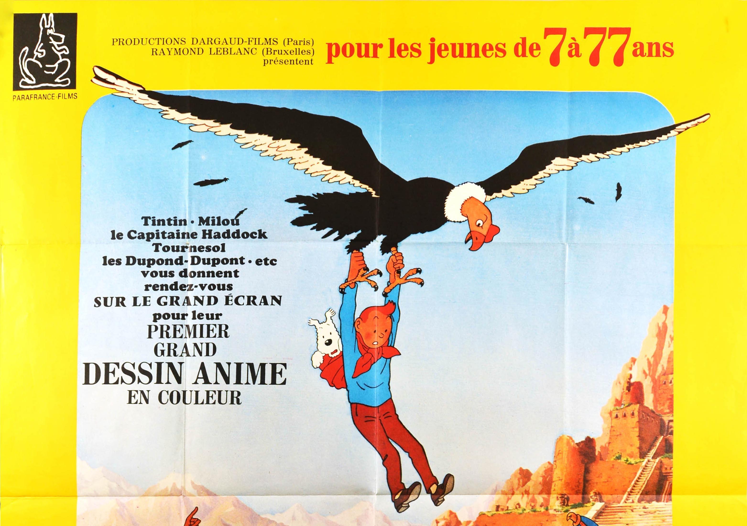 Original vintage movie poster for French release of the 1969 animated family cartoon Tintin and the Temple of the Sun / Tintin et le Temple du Soleil directed by Eddie Lateste based on the popular Belgian graphic novel by the Belgian cartoonist