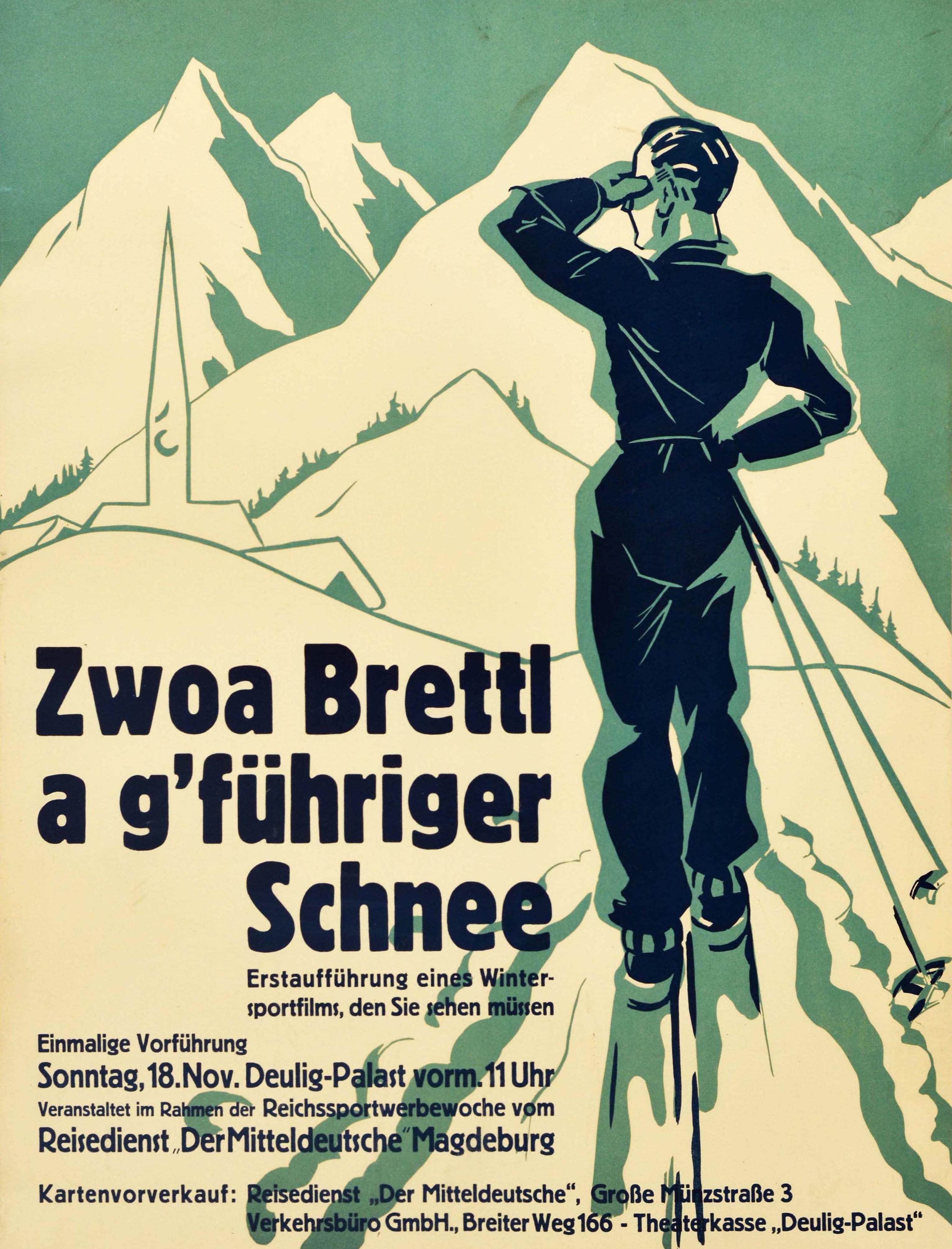 Allemand Affiche de film vintage d'origine du film Deux planches avec une bonne neige, Ski, Sport d'hiver en vente