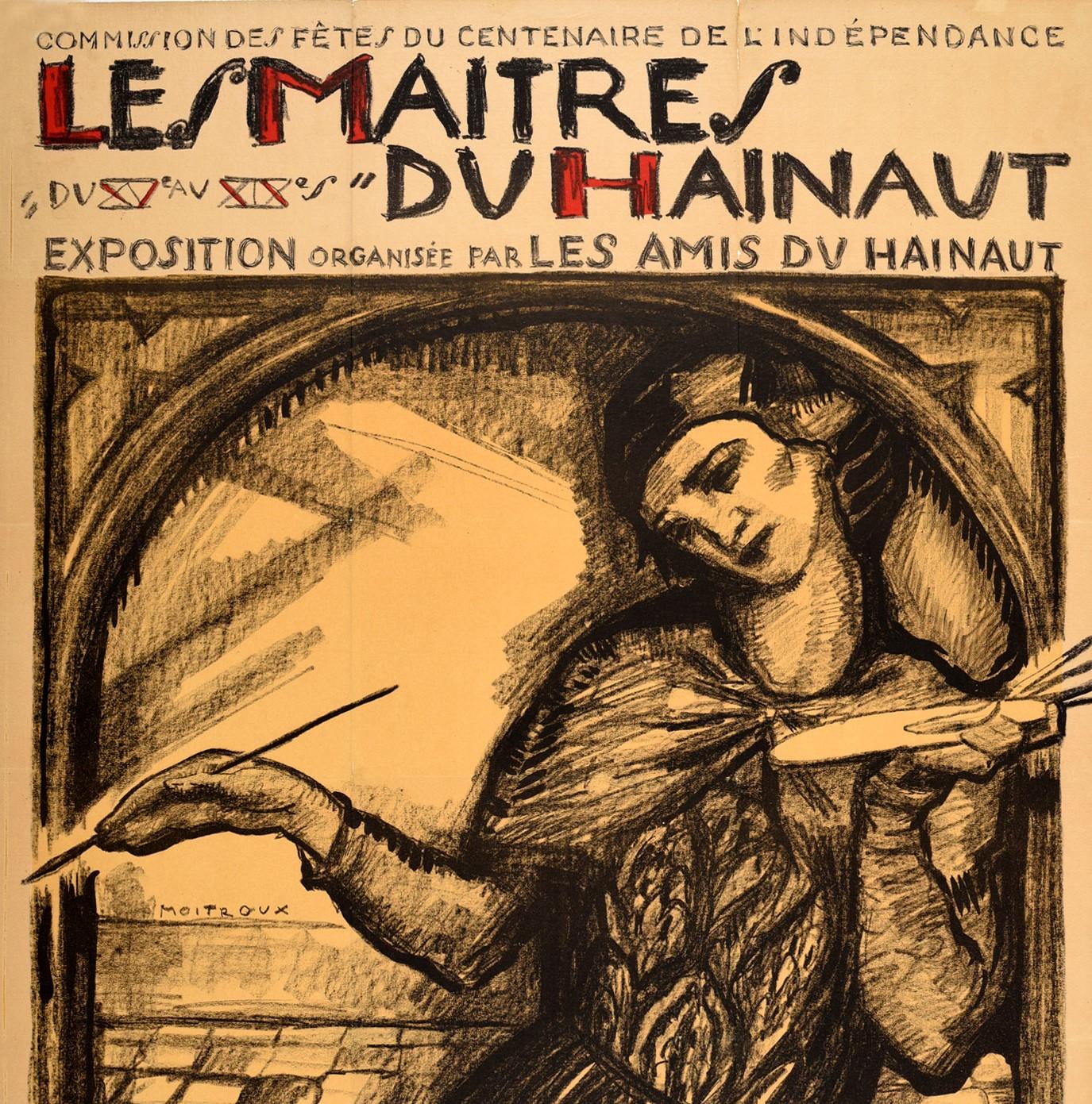 Original vintage poster advertising an art exhibition Les Maitres du Hainaut / The Masters of Hainaut at the Museum of Fine Arts Mons Belgium organised by the Friends of Hainaut featuring artwork by Alfred Moitroux (1886-1938) depicting an artist