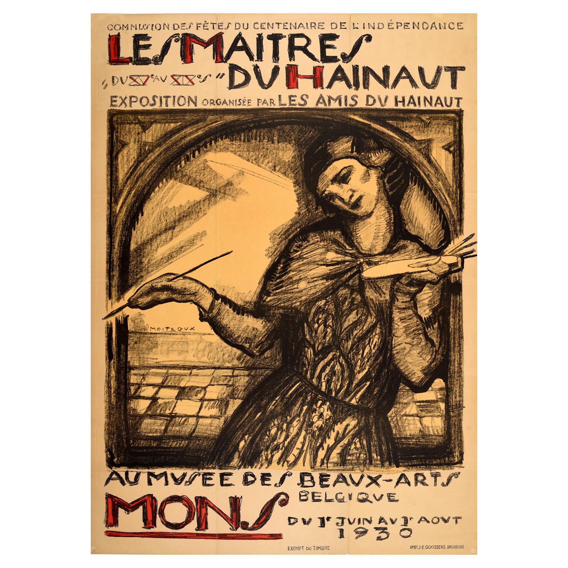 Original Vintage Fine Art Exhibition Poster Les Maitres Du Hainaut Mons Belgium For Sale