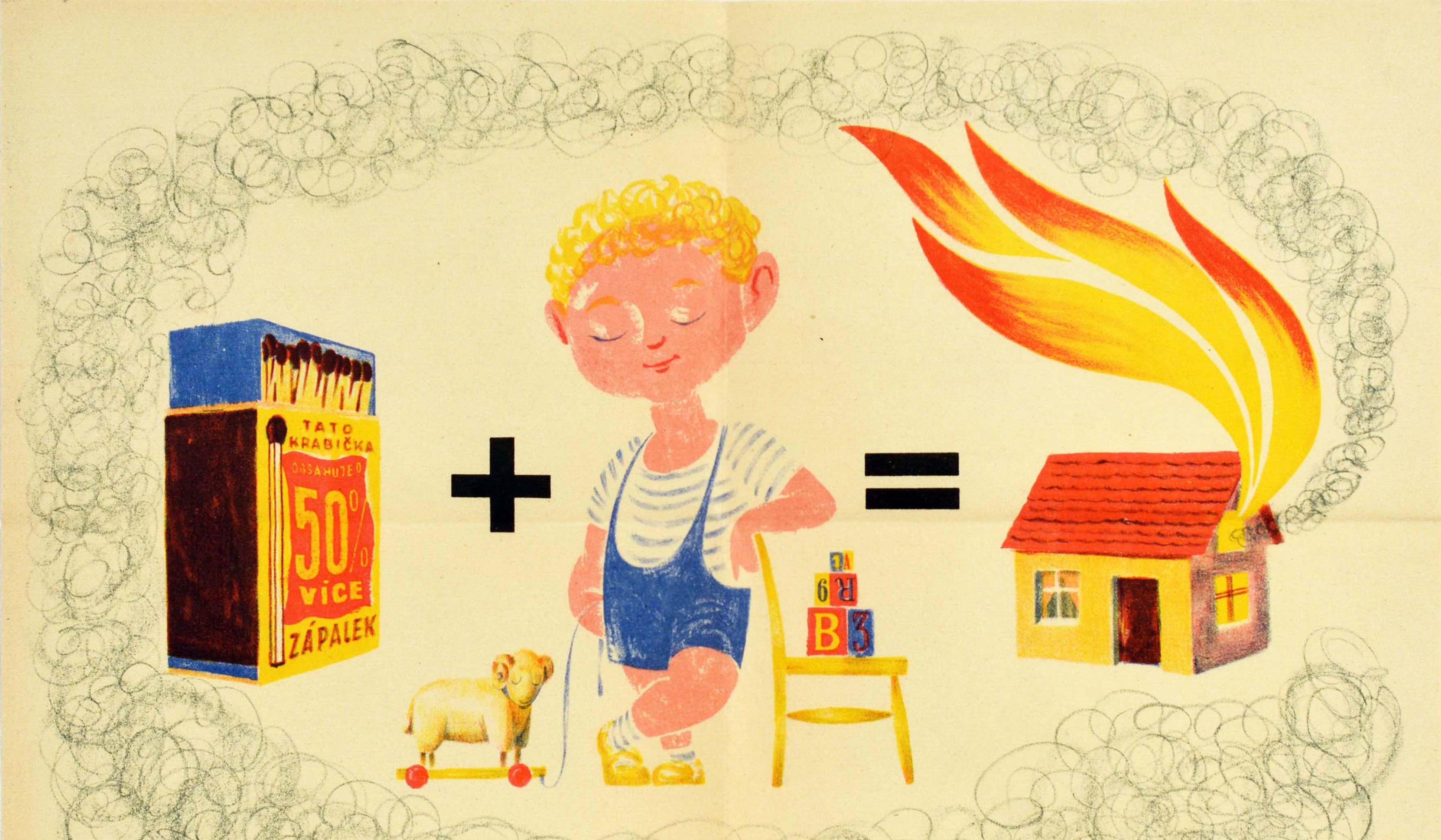 Original vintage fire safety poster published by the Czechoslovak Union of Fire Protection urging mothers to keep matches out of reach of young children featuring the bold black warning text reading Maminky - pozor! / Mothers - Caution! below a