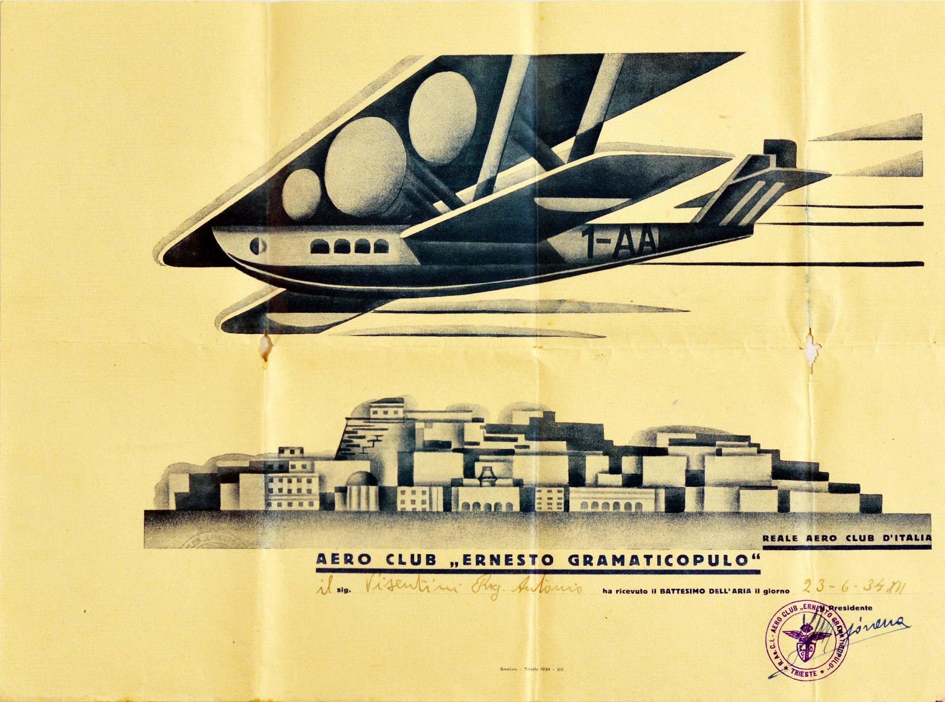Certificado original de época del Aero Club Ernesto Gramaticopulo / Club Aéreo Ernesto Gramaticopulo que certifica que la persona nombrada recibió el Bautismo del Aire el 23 de junio de 1934, firmado por el Presidente del Club y sellado con el
