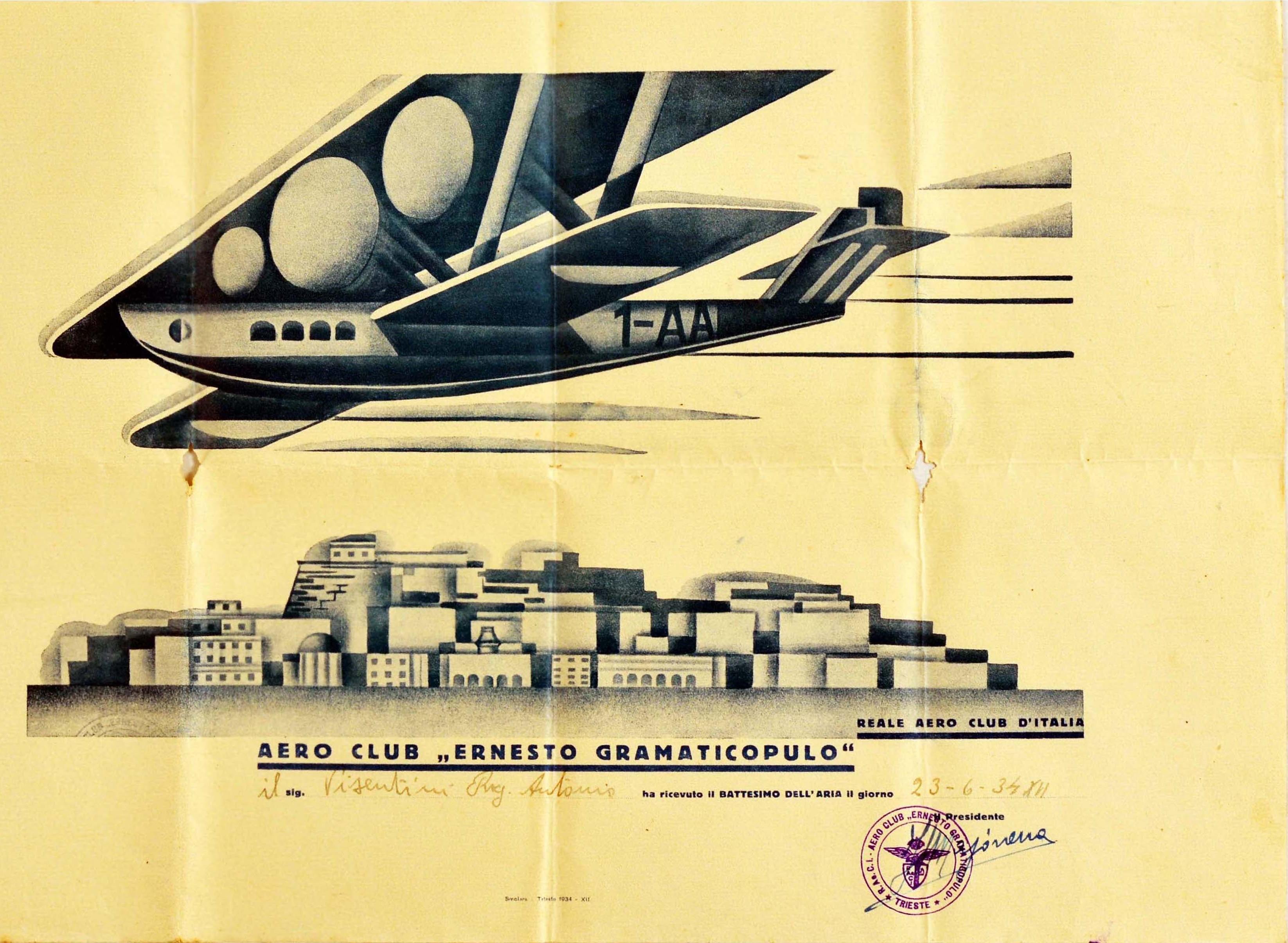 Original Vintage-Flugzertifikat des Aero Club Ernesto Gramaticopulo Futurismus (Art déco) im Angebot