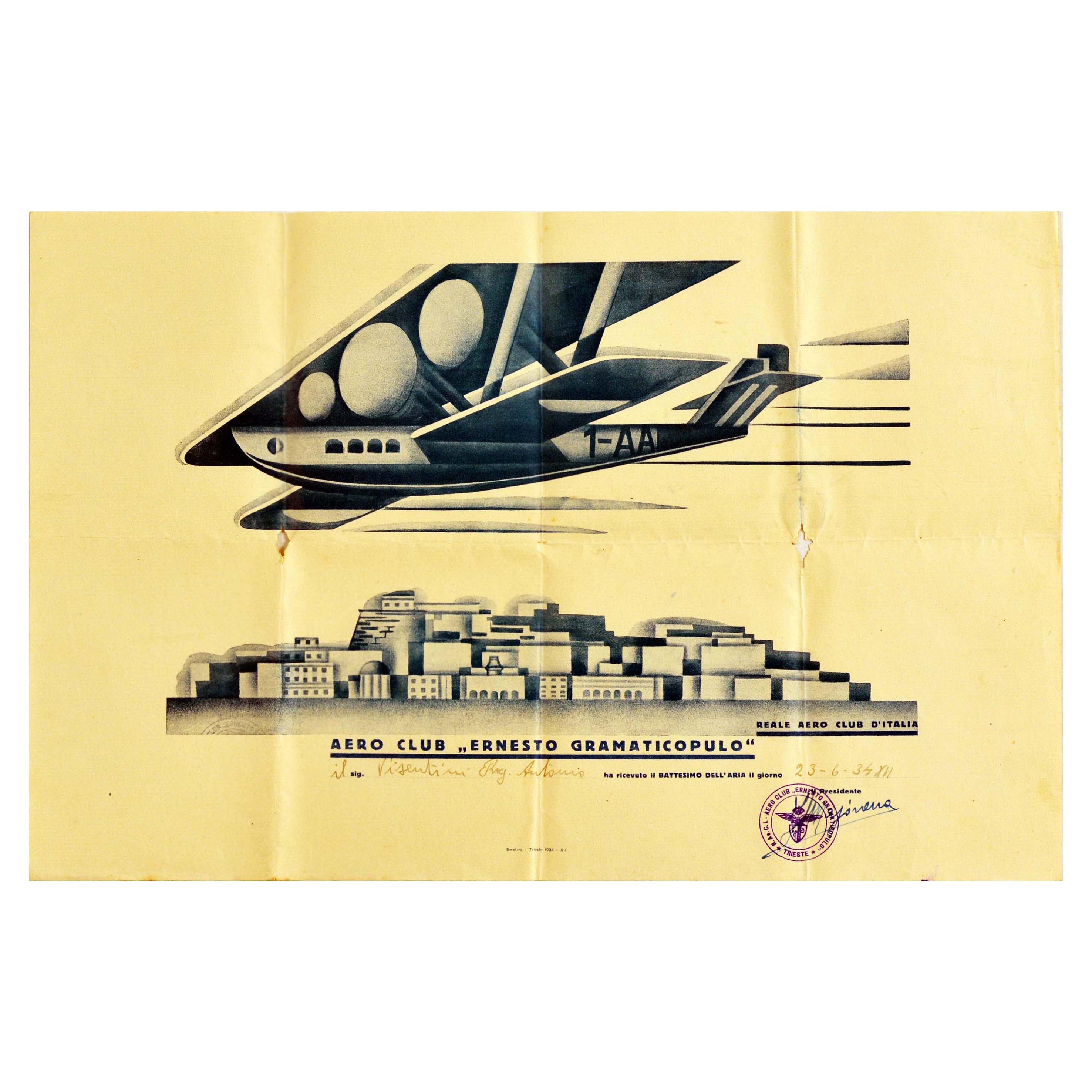 Original Vintage Flight Certificate Aero Club Ernesto Gramaticopulo Futurism Art For Sale