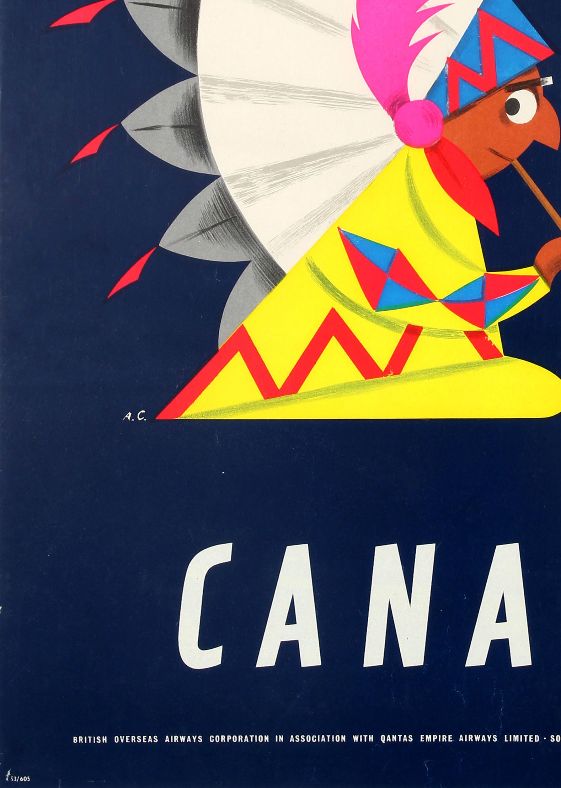 Original Vintage Fly BOAC Canada Travel Poster In Association Qantas SAA TEAL In Good Condition In London, GB