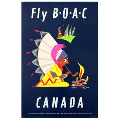 Original Vintage Fly BOAC Canada Travel Poster In Association Qantas SAA TEAL